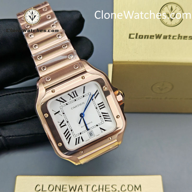 Cartier Super Clone Watches 1:1 Santos Rose Gold White Dial 39.8MM WGSA0018