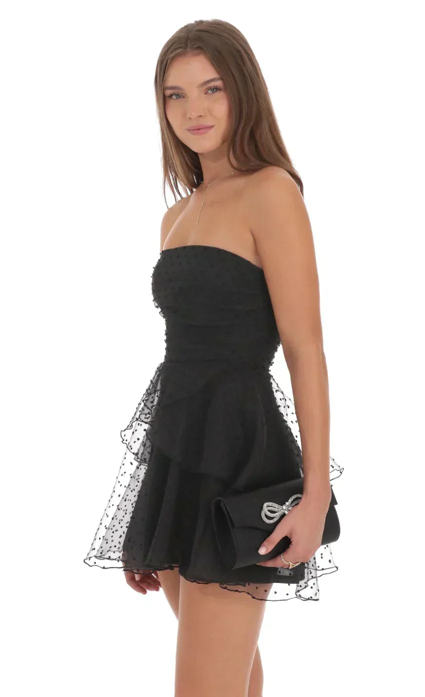 Dotted Petal Ruffle Strapless Dress in Black