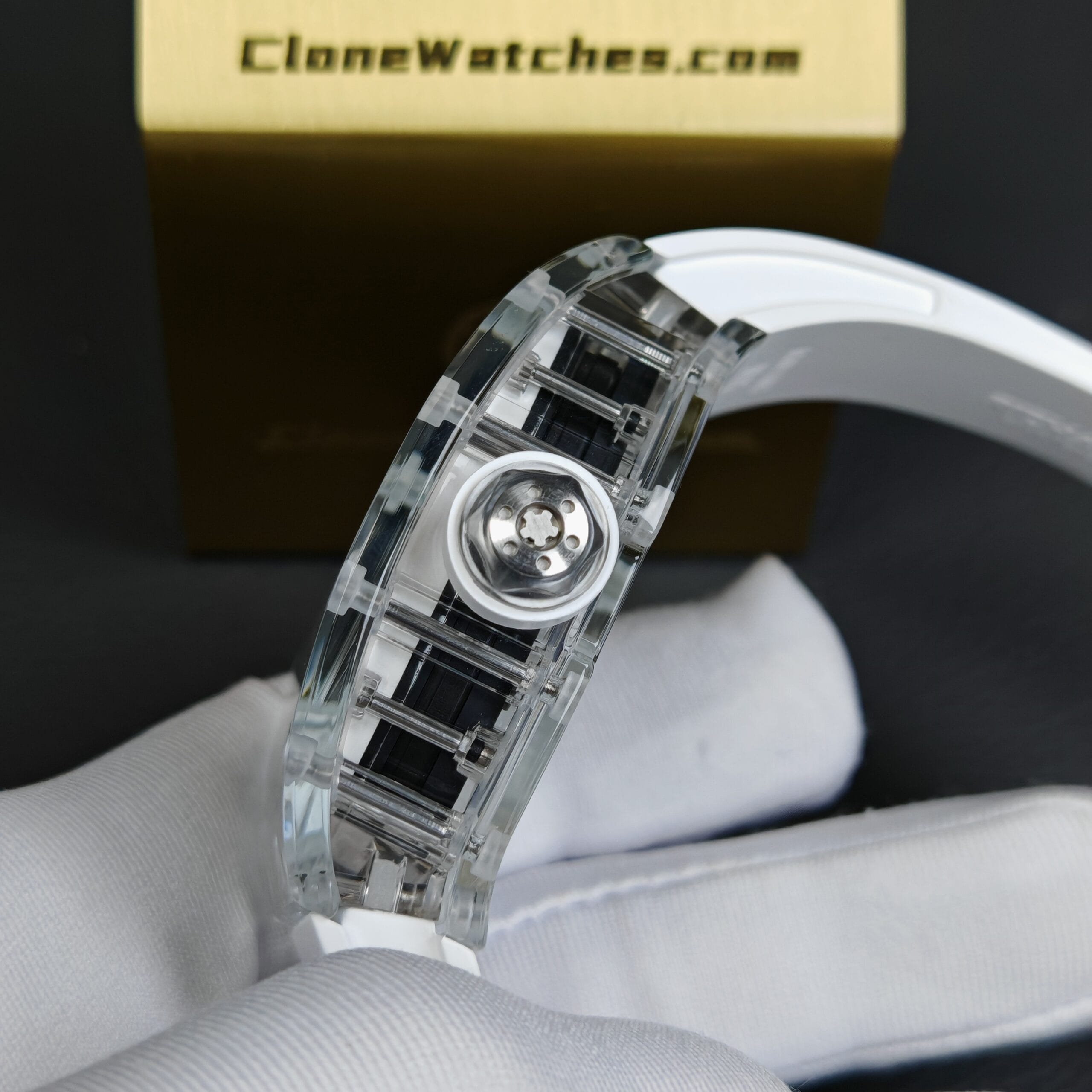 Richard Mille Super Clone Watches 1:1 RM 055 Full Transparent Tourbillon White Strap