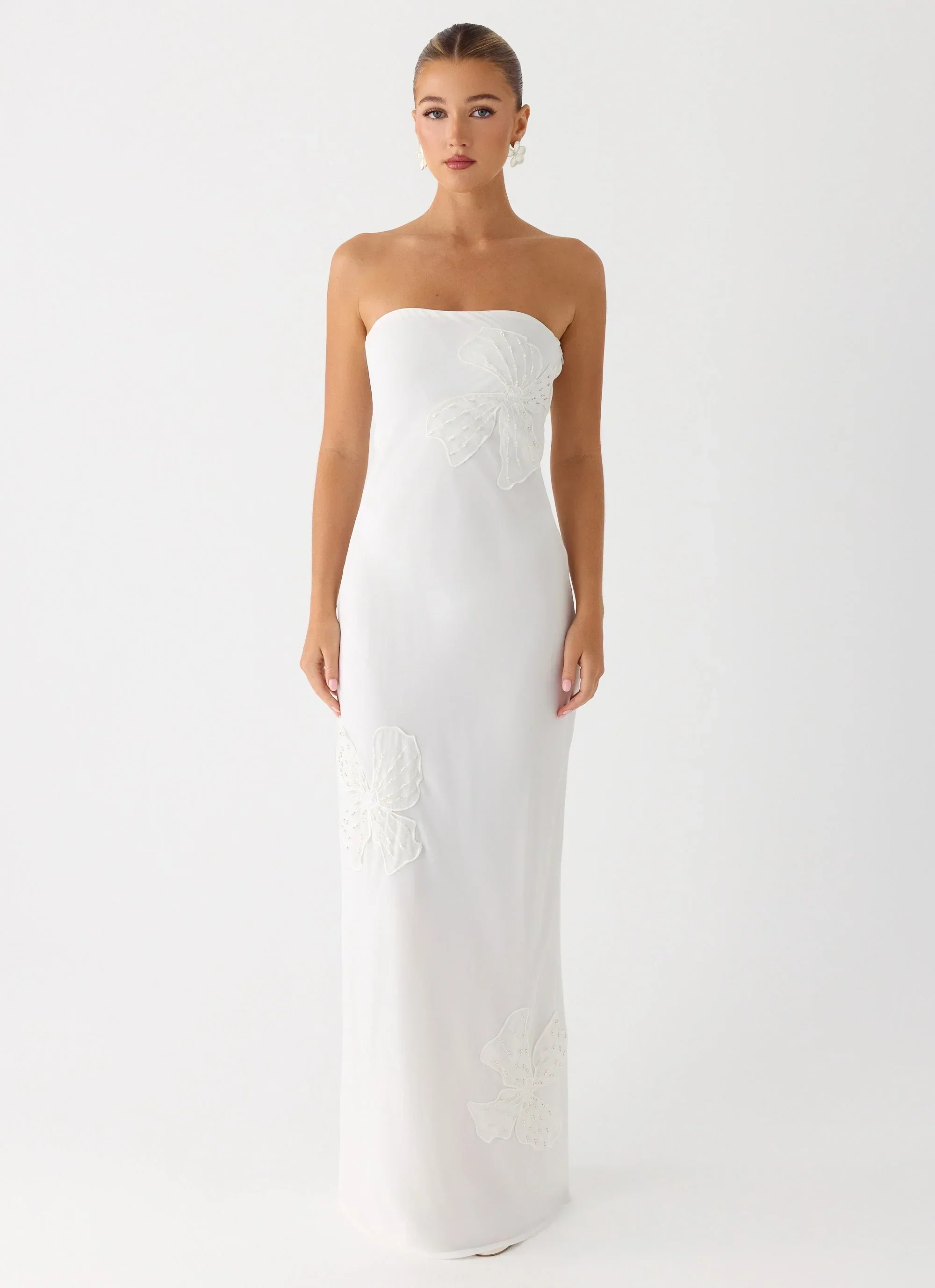 Sassafras Beaded Flower Strapless Maxi Dress - White