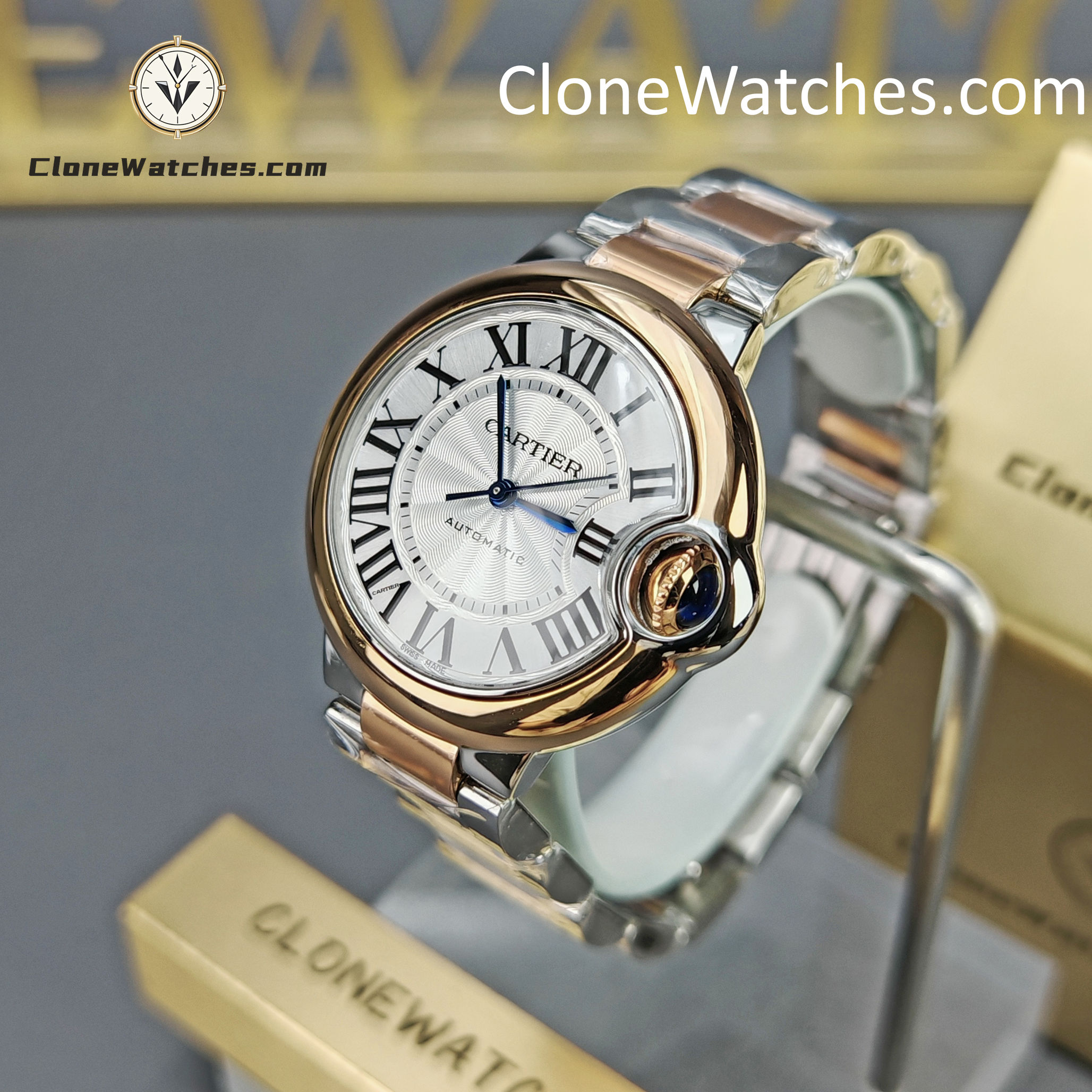 Cartier Super Clone Watches 1:1 Ballon Bleu de W2BB0037 Silver Dial Gold Bezel 33mm