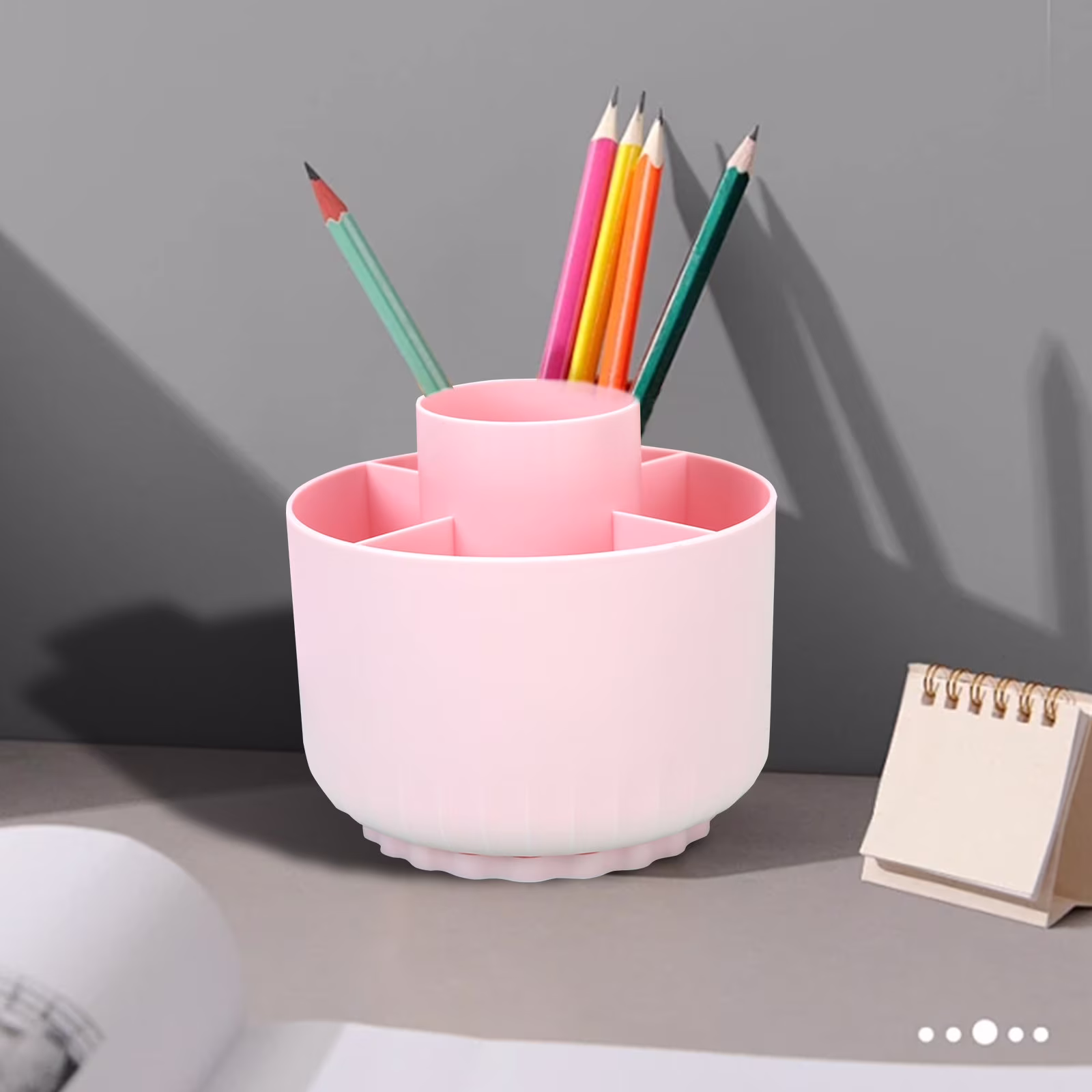 Qocolhg 360-Degree Rotating Desk Organizer, Pen Holders for Desk, 5 Compartment Pen Holder and Art Supply Storage Box for Office and Home, Pink