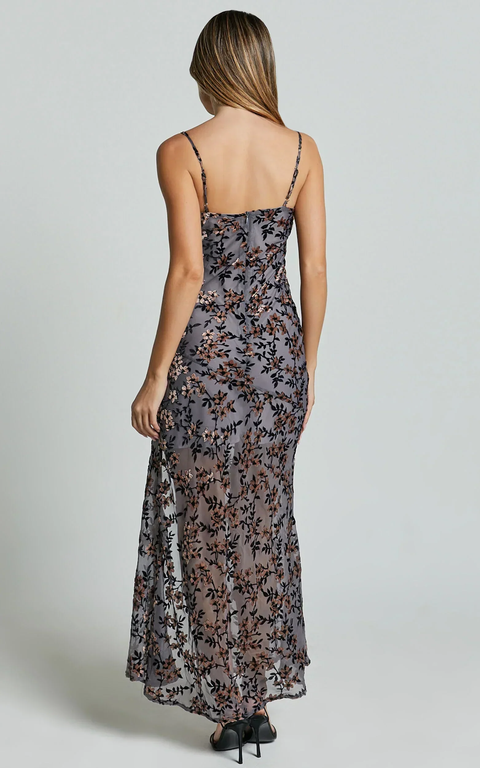 Darlene Midi Dress - Velvet Burnout Slip Cami Dress in Grey