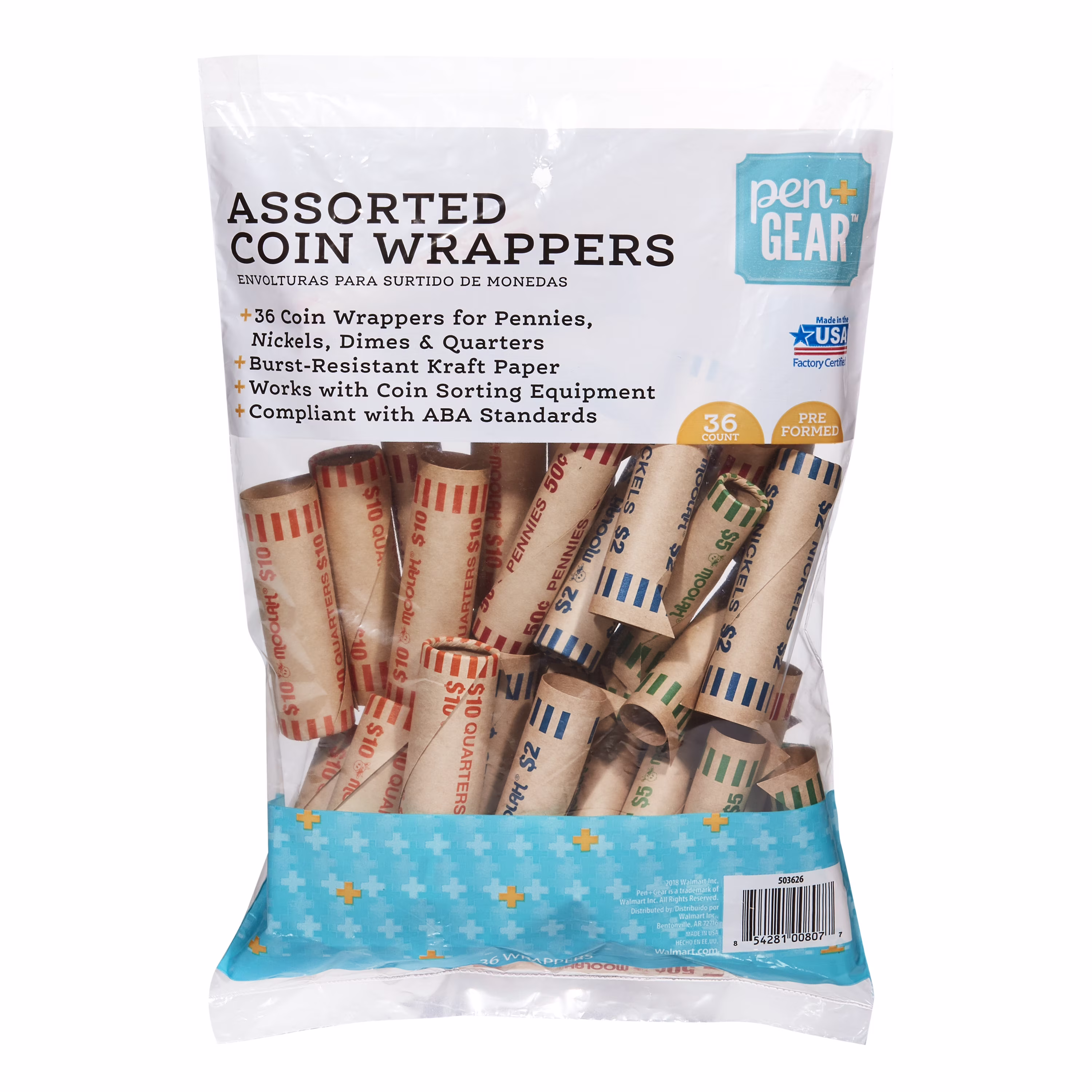 Pen+Gear Coin Wrappers, Preformed, Paper, Assorted Denominations, 36 Count