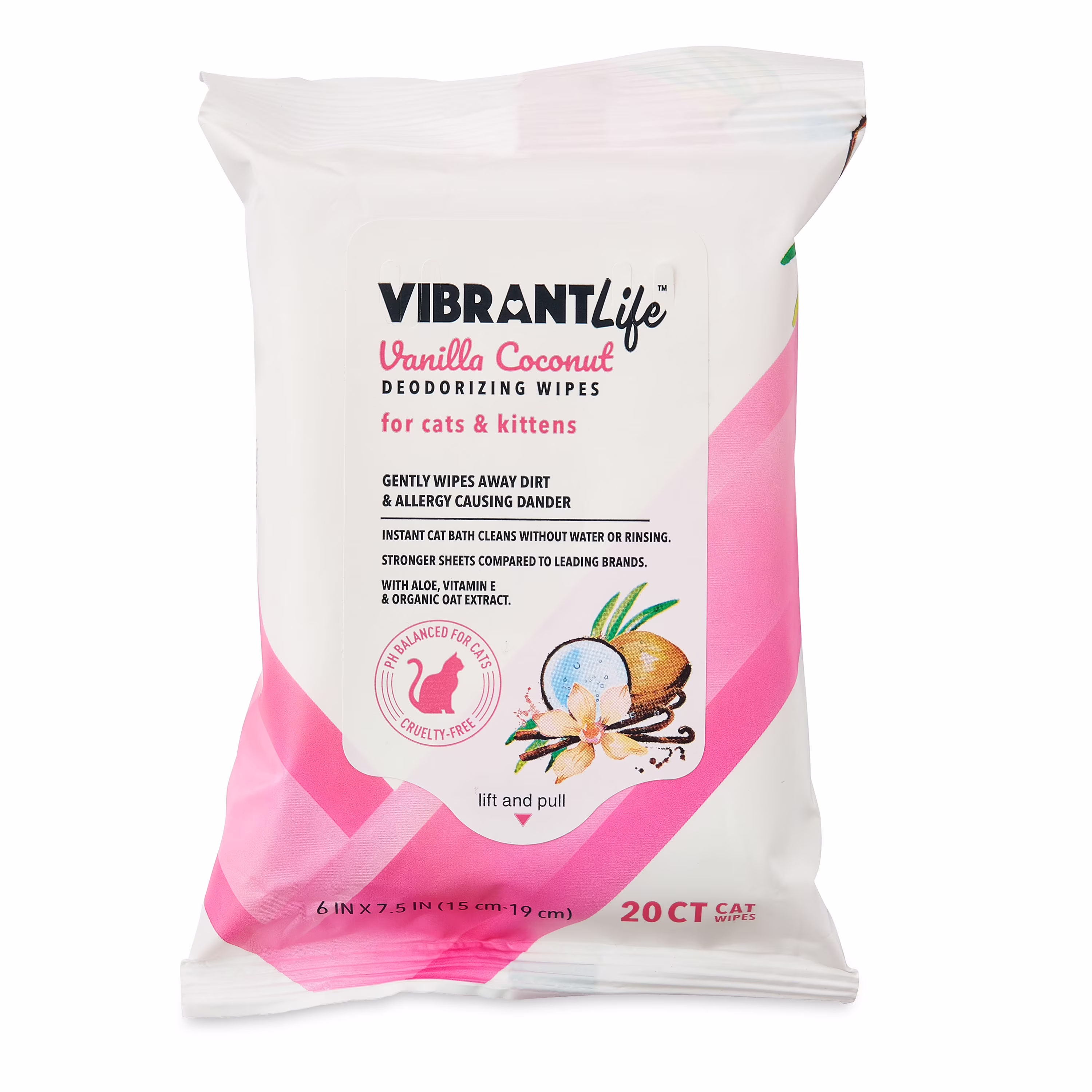 Vibrant Life Vanilla Coconut Deodorizing Wipes for Cats & Kittens, 20 Count