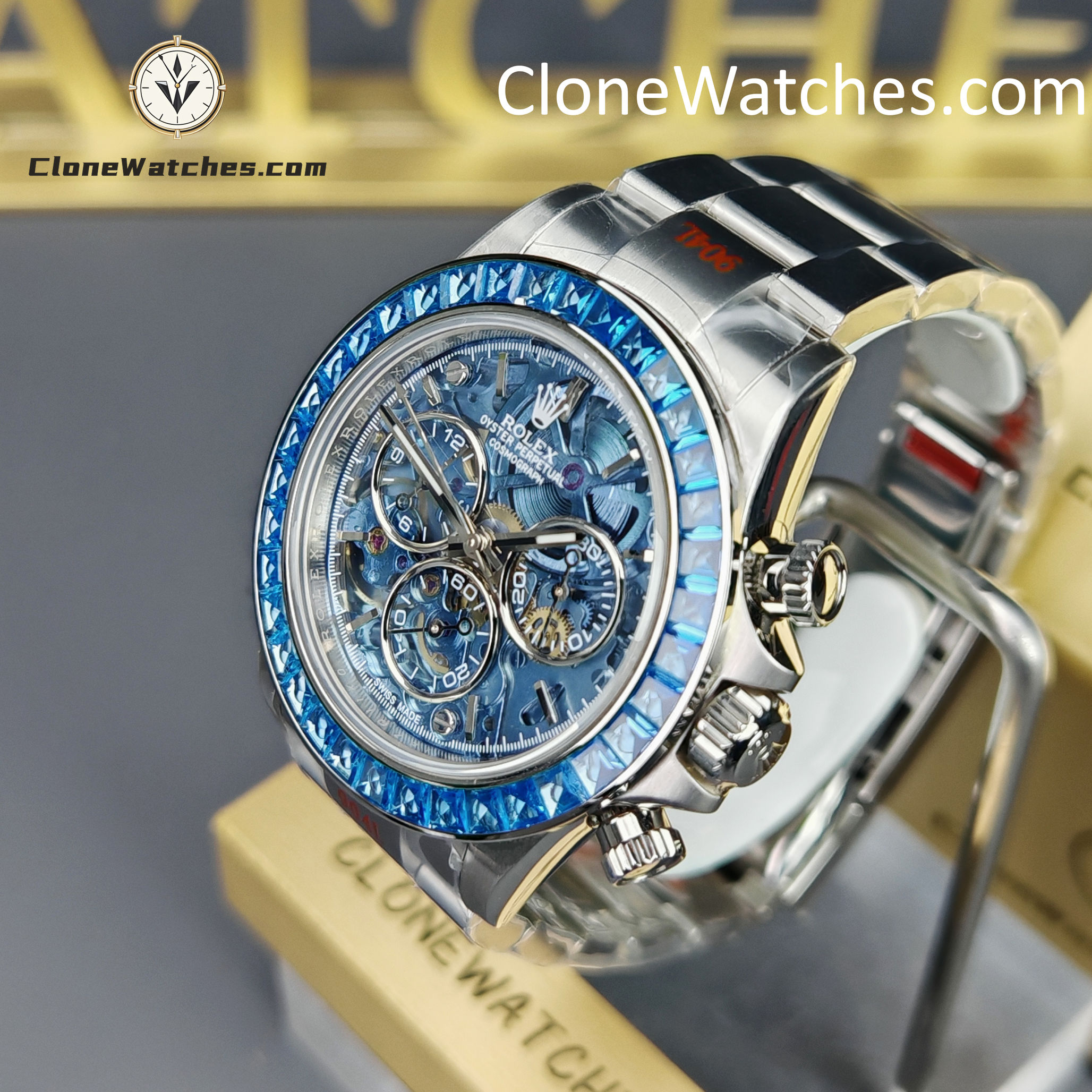 Rolex Super Clone Watches 1:1 Daytona Arolla Blue Crystal Skeleton Dial Diamonds Bezel 4130 Movement