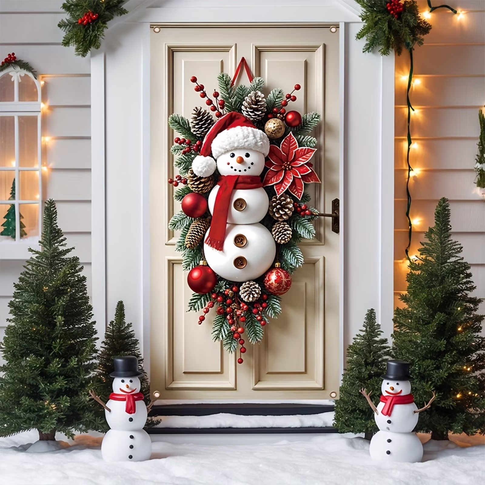 Djunllk Christmas Decorations Door Cover for Front Door Decor, 3D Visual Effects Santa Claus Snowman Gnomes Pattern Banner Xmas Winter Seasonal Holiday Party Porch Wall Hanging Cover, 71 x 35 inches