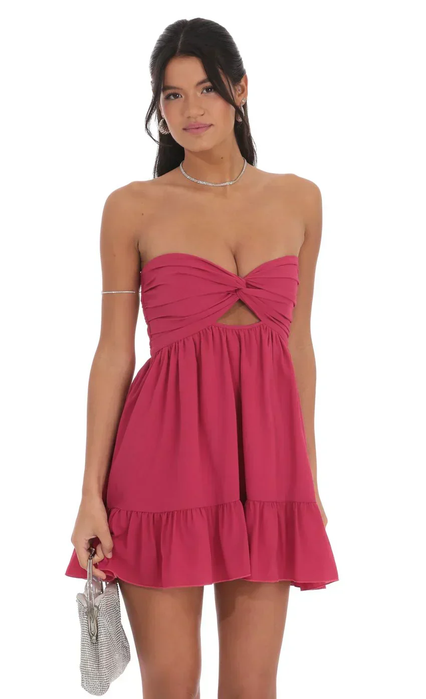 Cutout Strapless Babydoll Dress in Magenta