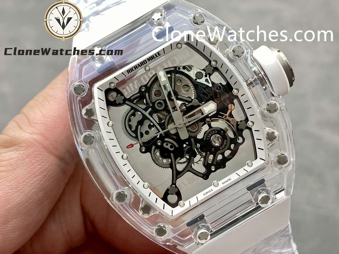 Richard Mille Super Clone Watches 1:1 RM 055 Ceramics Tourbillon Fully Transparent White Strap