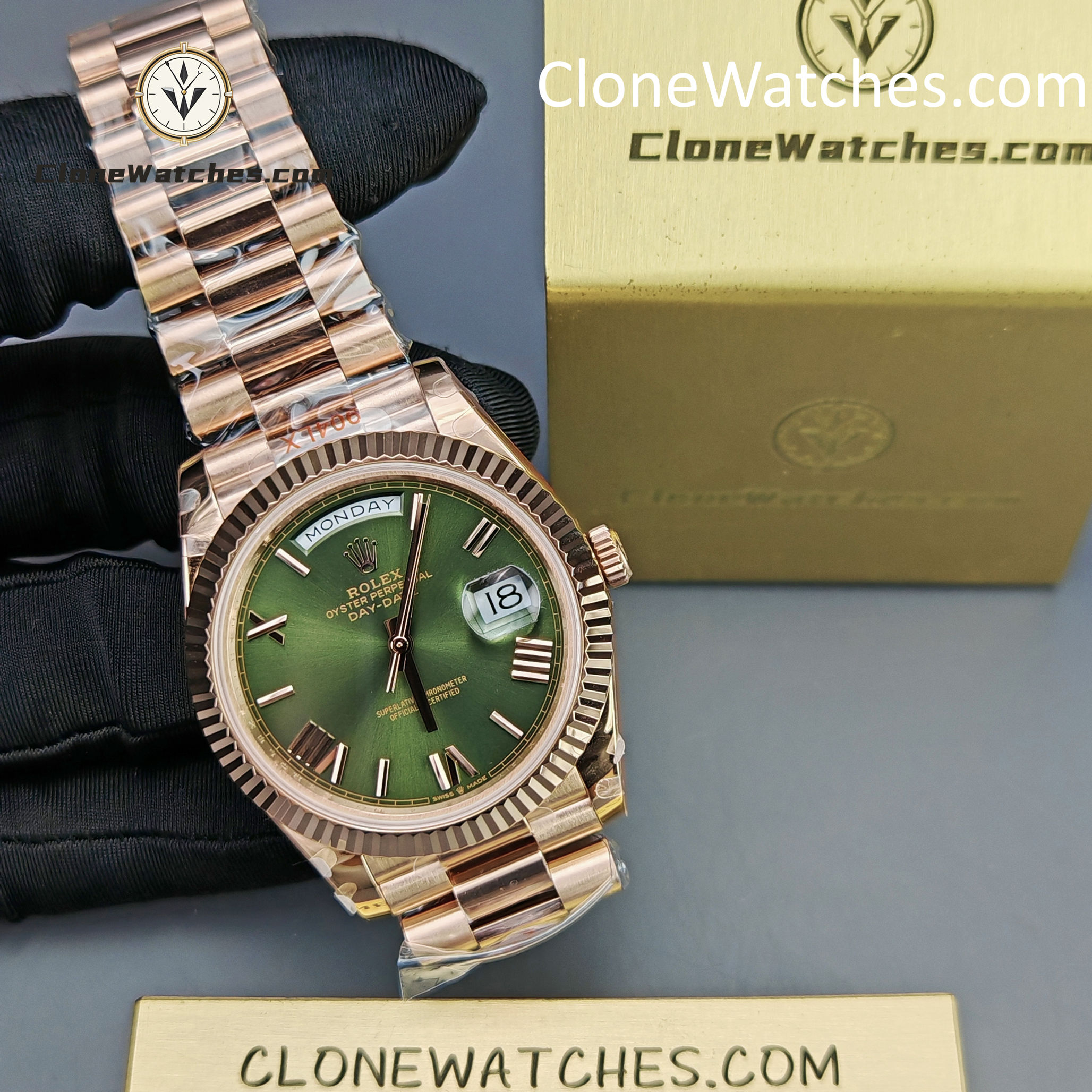 Rolex Super Clone Watches 1:1 Day Date 18K Rose Gold Olive Green Dial 40mm m228235-0025 3255 Movement
