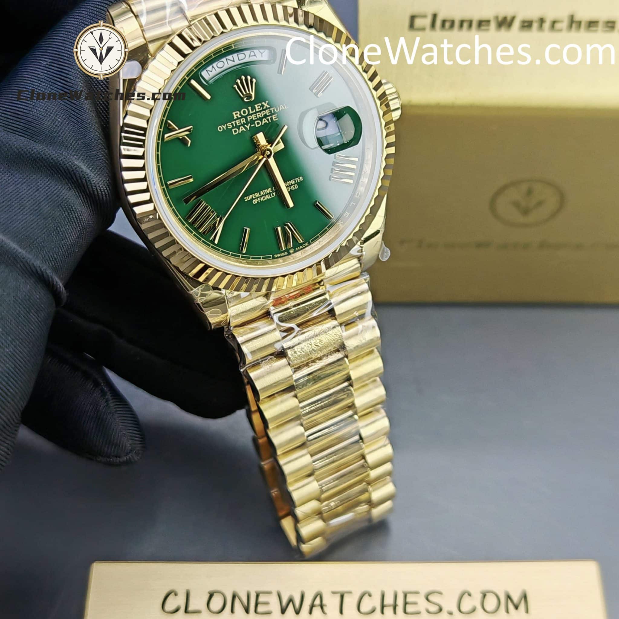 Rolex Super Clone Watches 1:1 Day Date 18K Gold Green Roman Dial 40mm m228238 3255 Movement