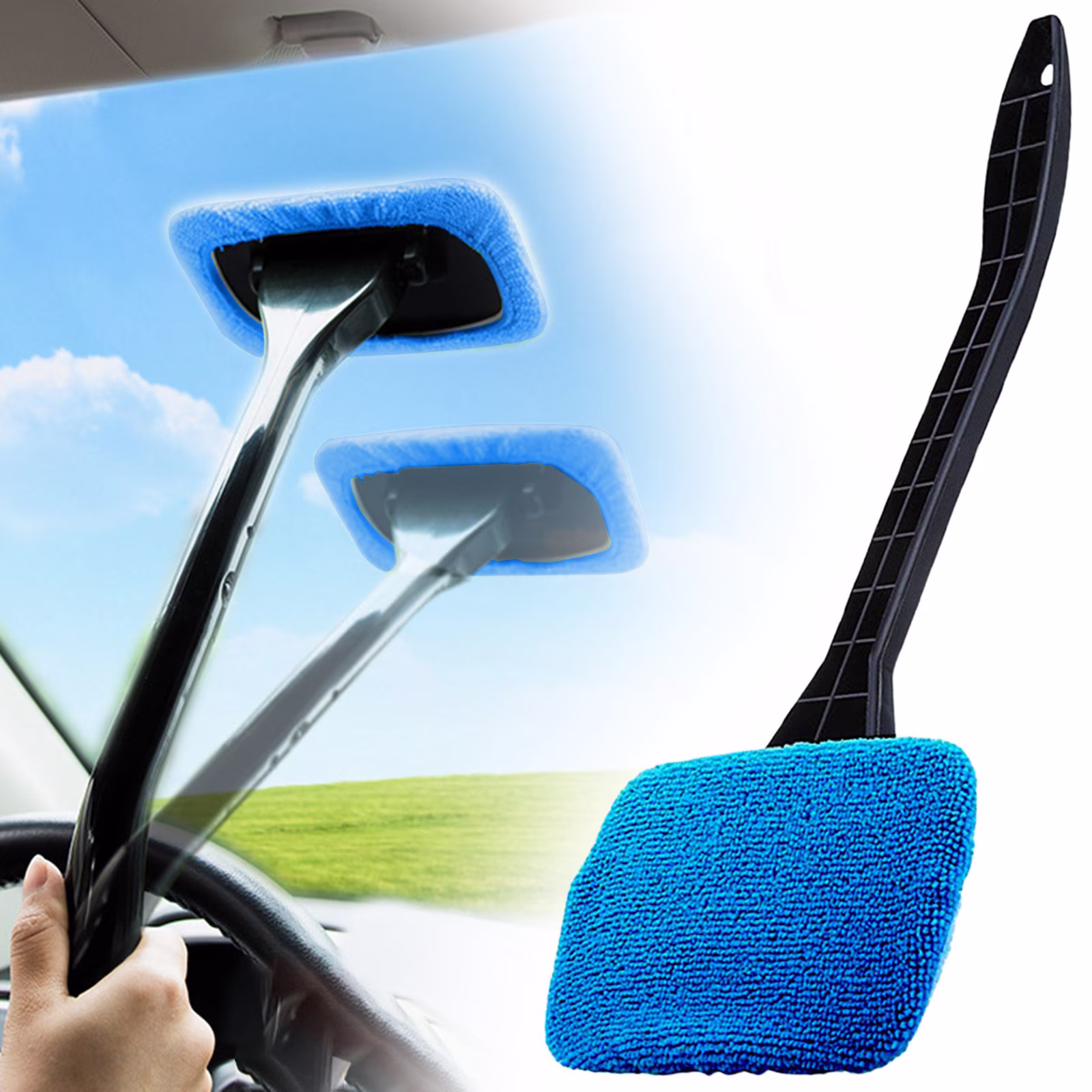 Car Window Cleaner Basdi Multifunctional Car Window Cleaner - Long Handle Windshield Dust and Fog Remover | Ergonomic Grip, Effective on Glass, Essential for Auto Care and Safety, Blue