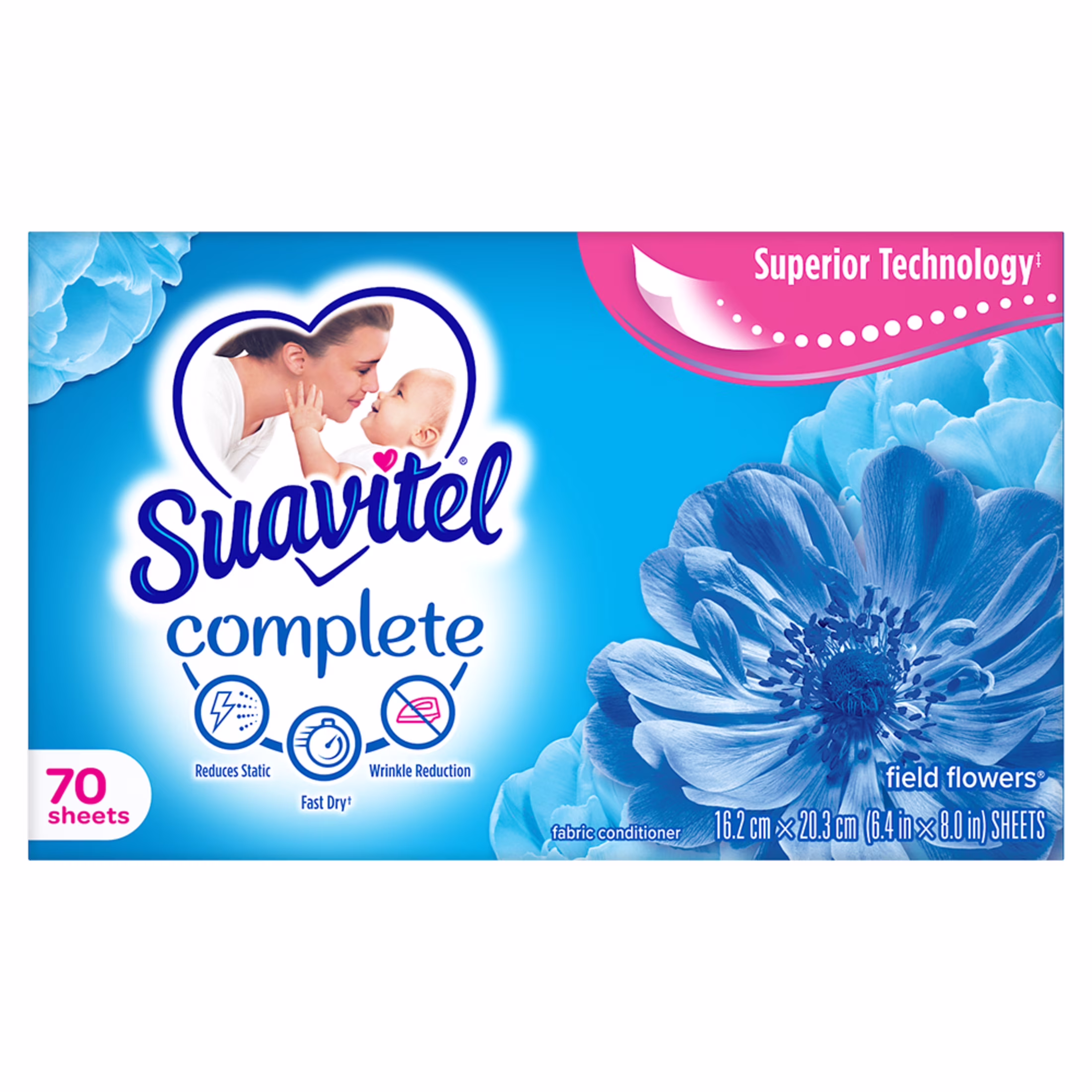 Suavitel Complete Dryer Sheets, Fabric Conditioner, Field Flowers, 70 Sheets