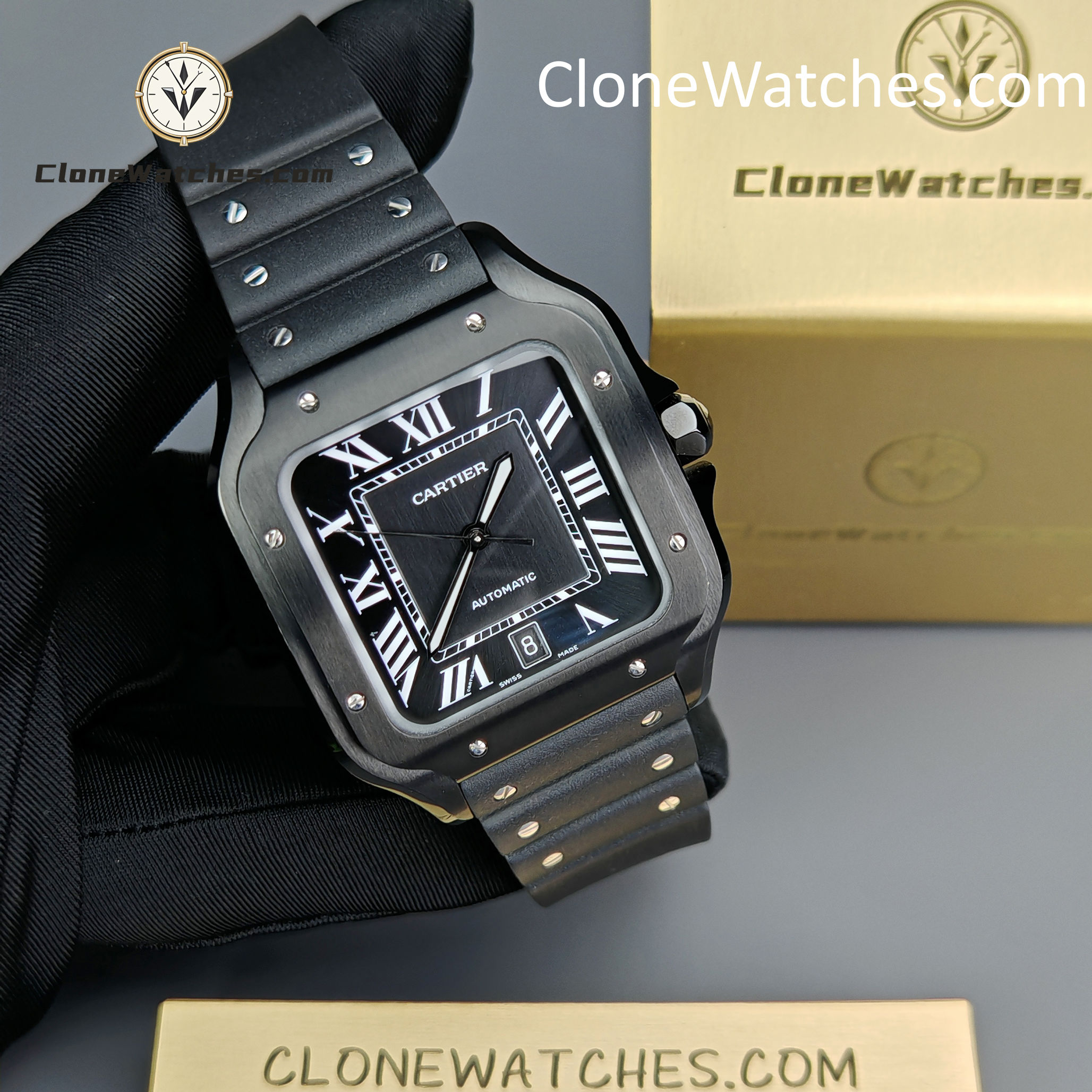 Cartier Super Clone Watches 1:1 Santos Series Black Dial 39.8MM WSSA0039 Rubber Strap