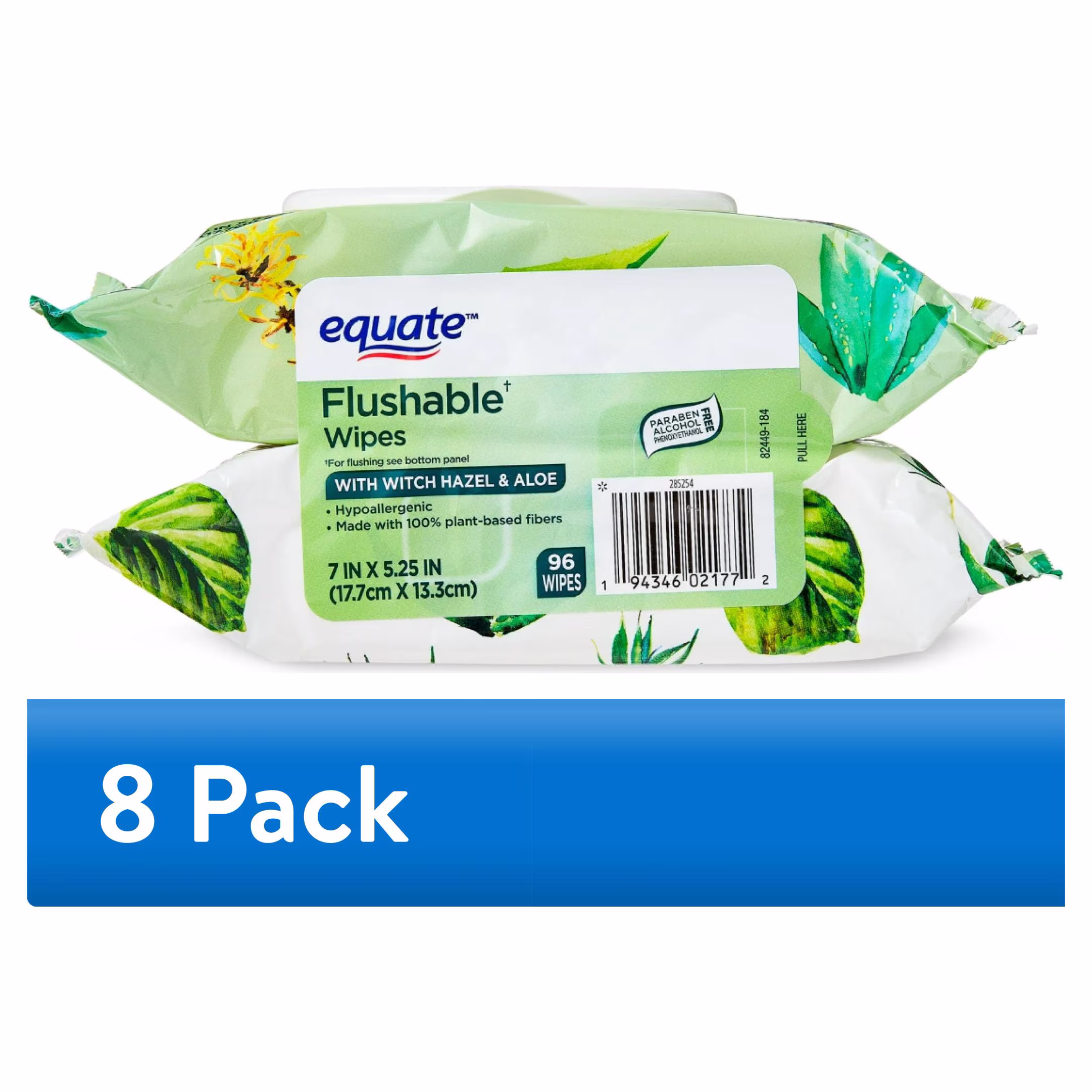 Equate Flushable Wet Wipes, Witch Hazel & Aloe, 96 Wipes, 2 Pack