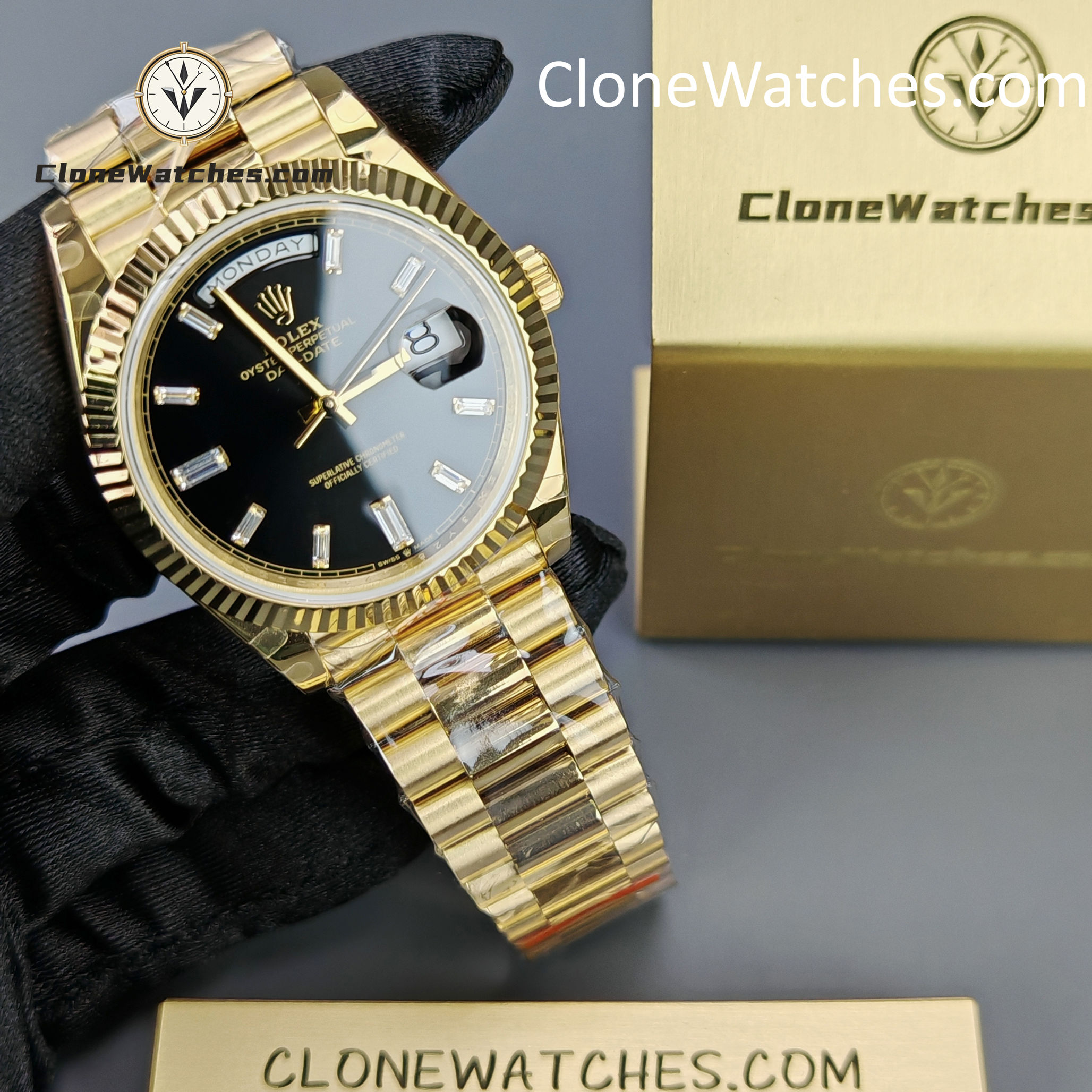 Rolex Super Clone Watches 1:1 Day Date 18K Gold Black Diamond Dial 40mm m228238-0059 3255 Movement