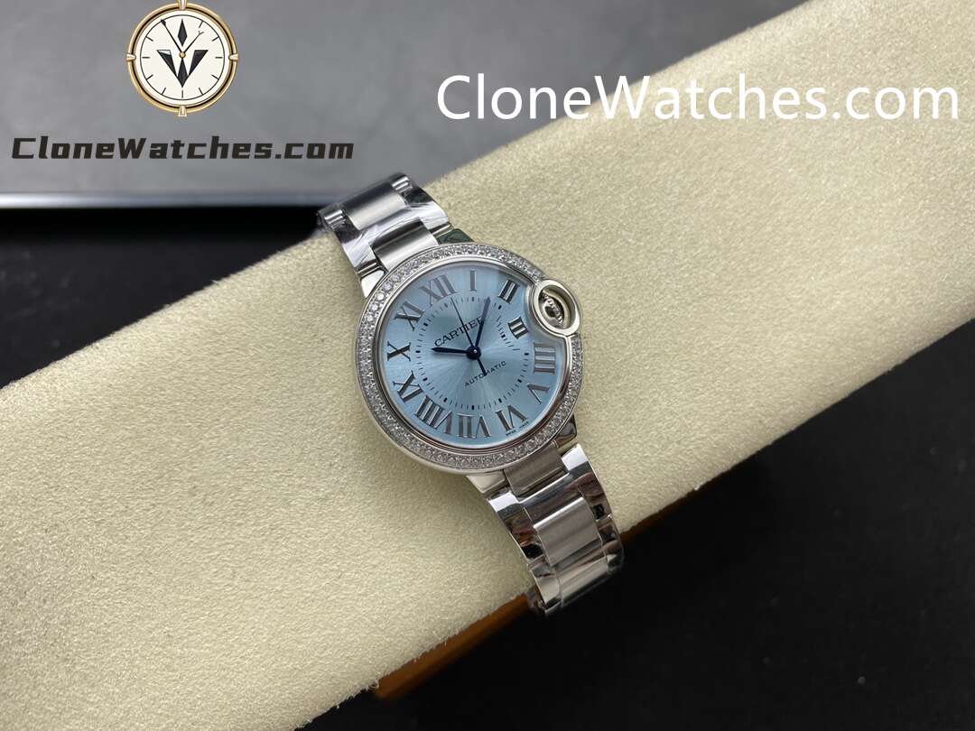 Cartier Super Clone Watches 1:1 Ballon Bleu de W4BB0028 Blue Dial Diamond Bezel 33mm
