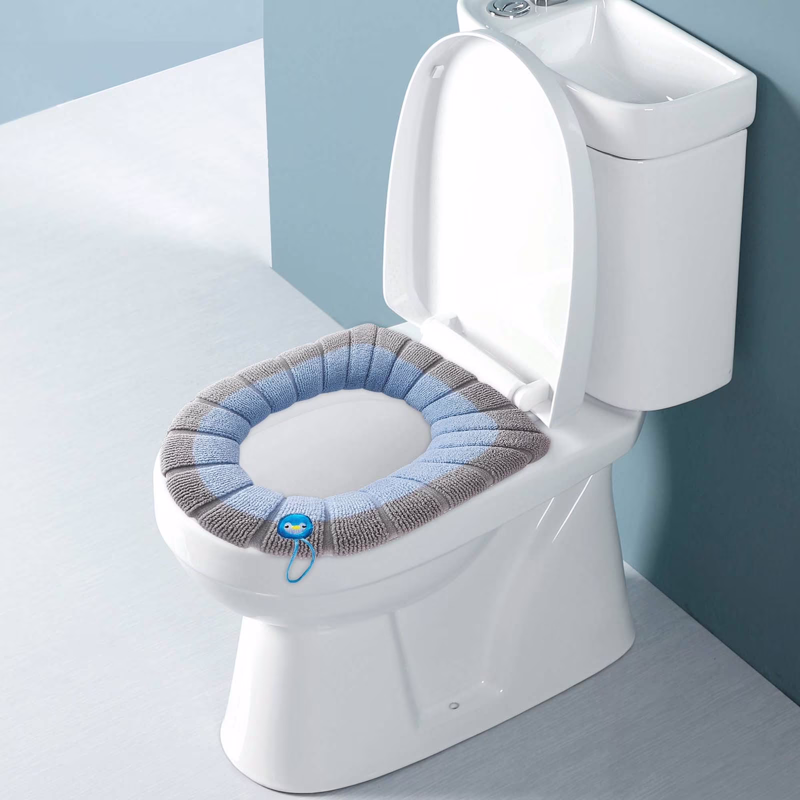 Thickened Toilet Seat Cover with Handle - Soft Knitted Toilet Ring - Washable Winter Toilet Seat Sets - Elongated Toilet Seat Pad - U-Shape & Round Fit - 2 Pack Two-Tone