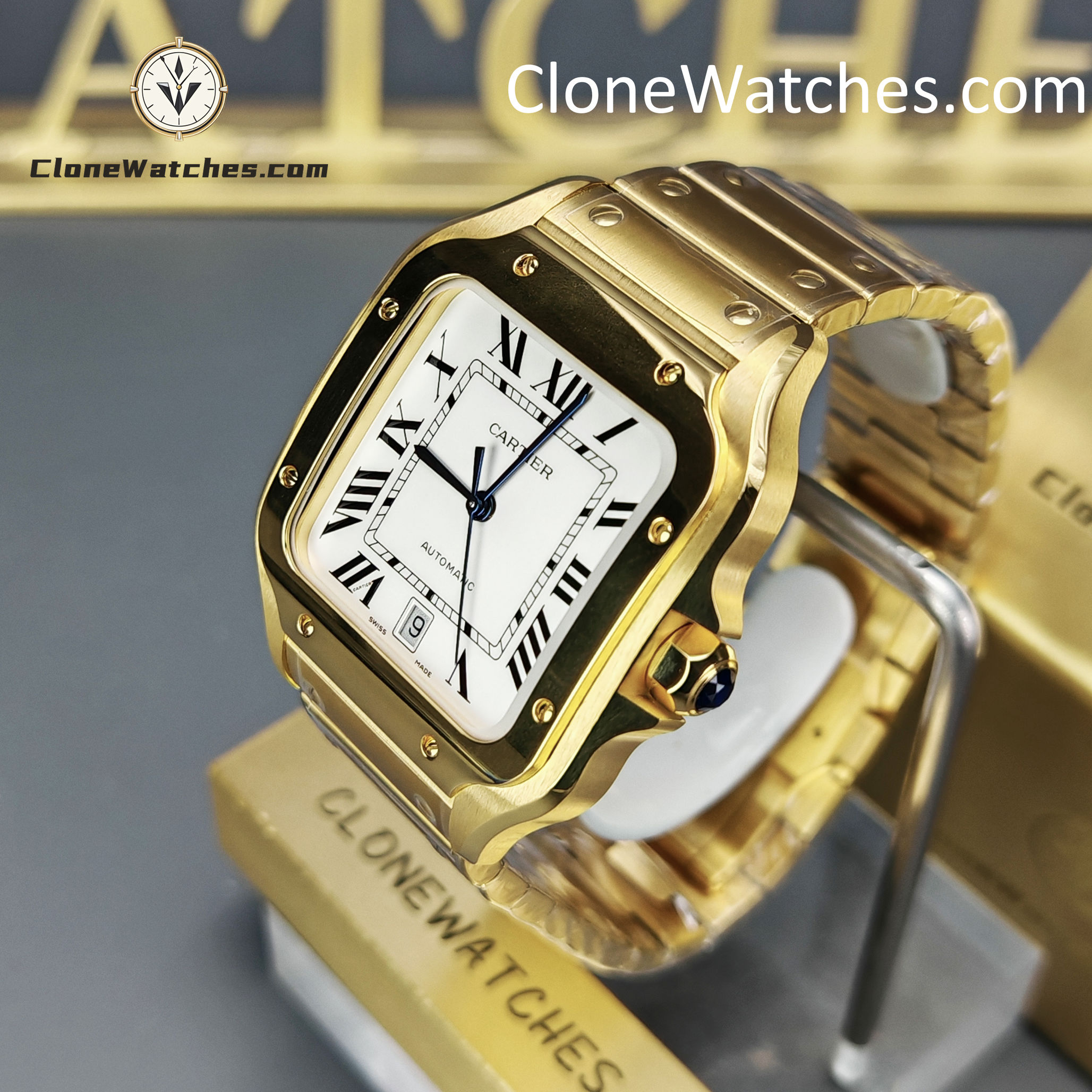 Cartier Super Clone Watches 1:1 Santos 18K Gold White Dial 39.8MM WGSA0009