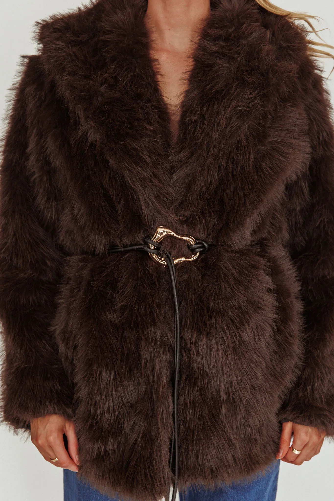 Brisa Belted Lapel Coat Faux Fur Brown