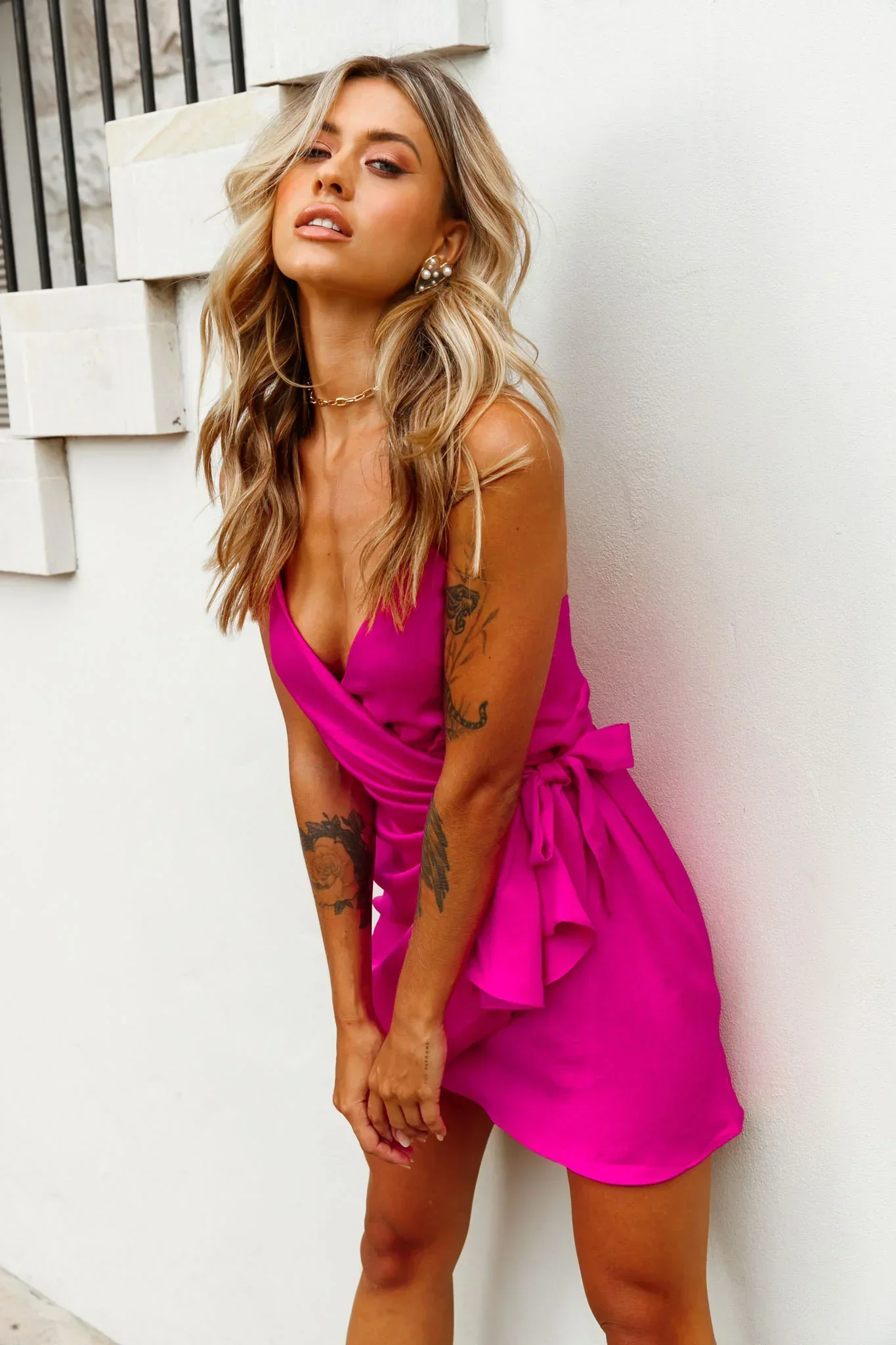 Medellin Gathered Detail Side-Tie Wrap Dress Hot Pink