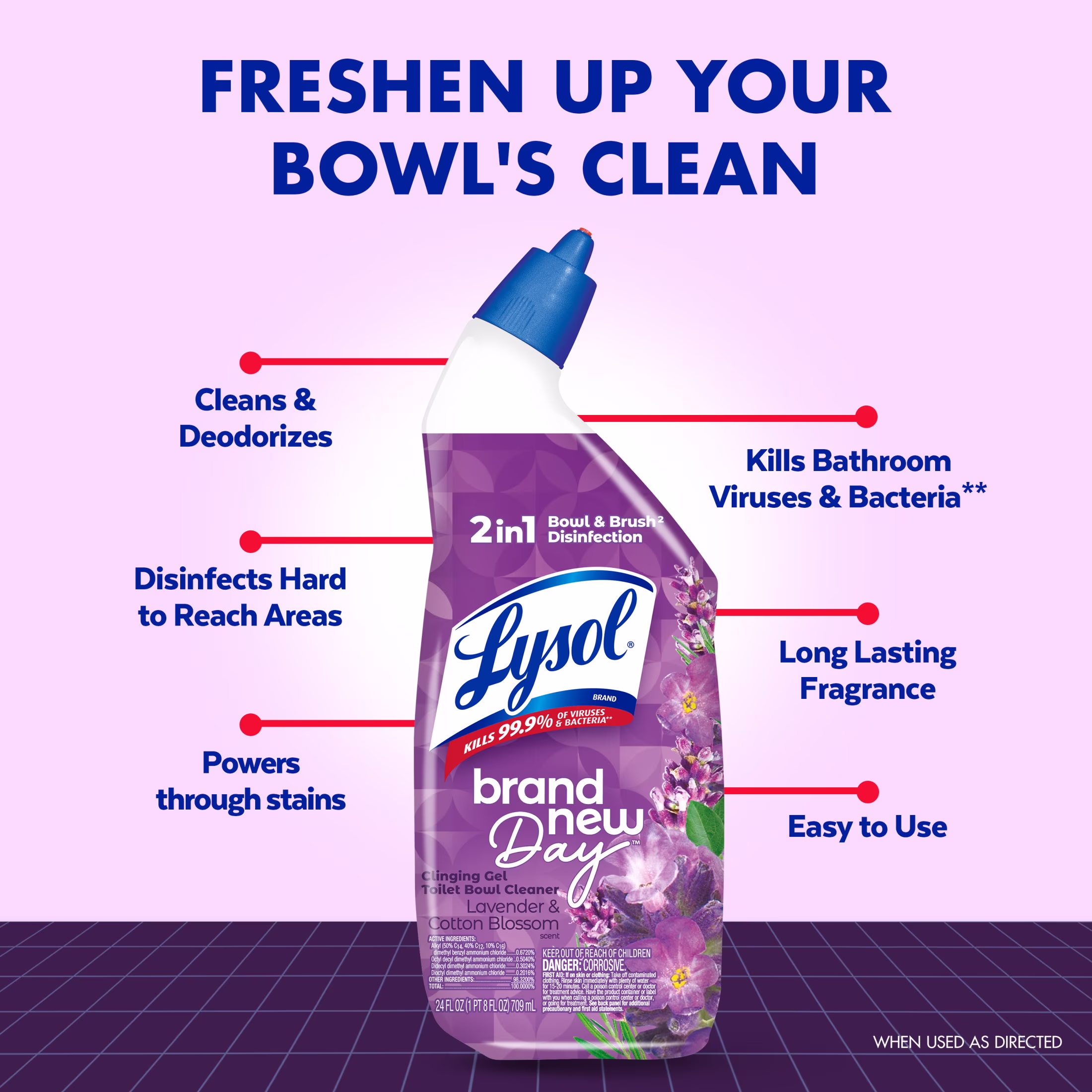 Lysol Toilet Bowl Cleaner Clinging Gel, Disinfecting Bathroom Cleaner and Toilet Bowl Stain Remover, Lavender & Cotton Blossom Scent, 24 fl oz