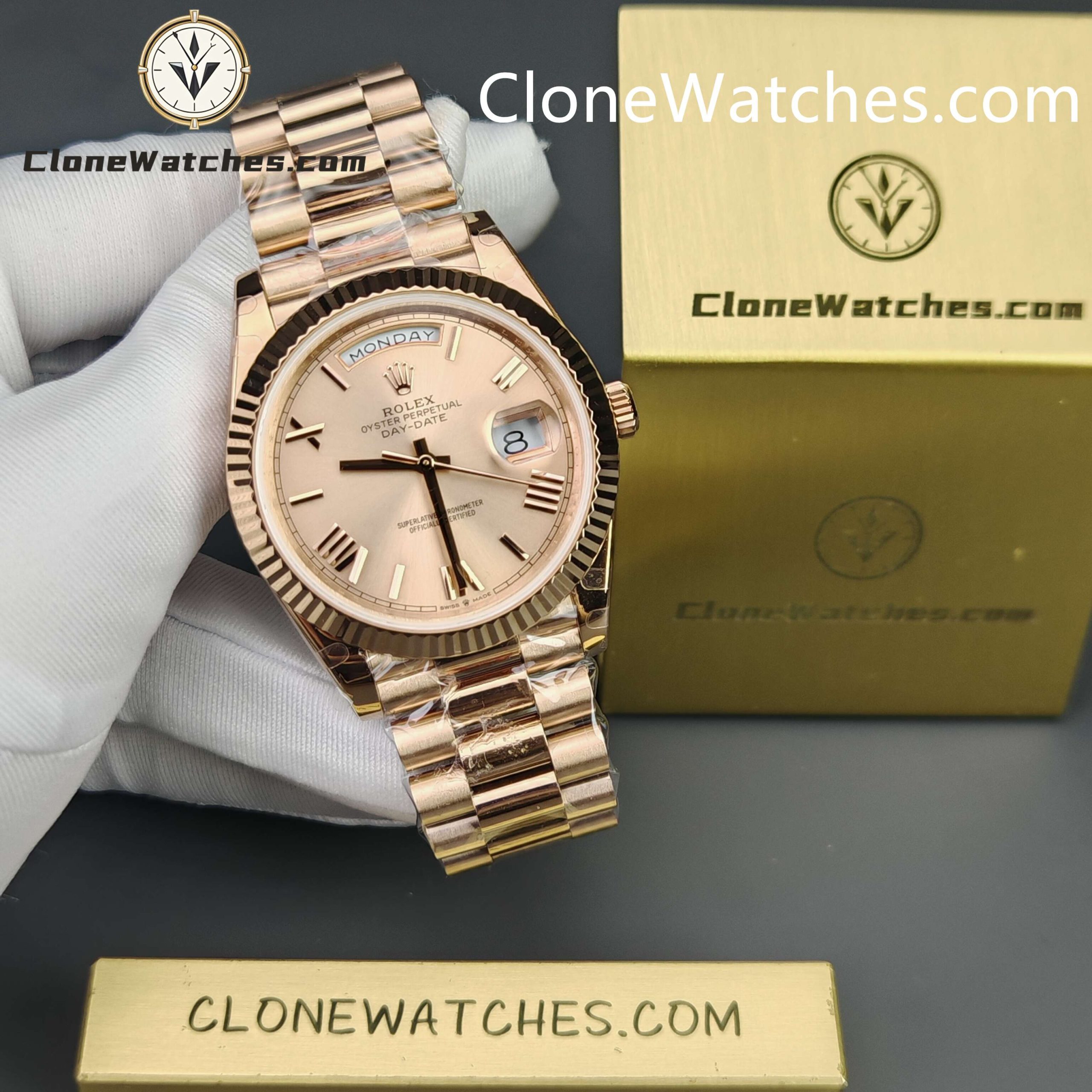 Rolex Super Clone Watches 1:1 Day Date 18K Rose Gold Sundust Roman Dial 40mm m228235 3255 Movement