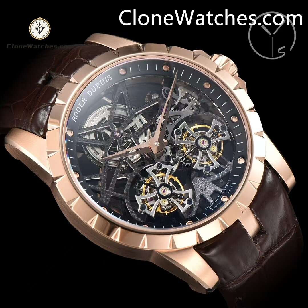 Roger Dubuis Super Clone Watches 1:1 Excalibur Rose Gold Skeleton Double Flying Tourbillon RDDBEX0395 45MM