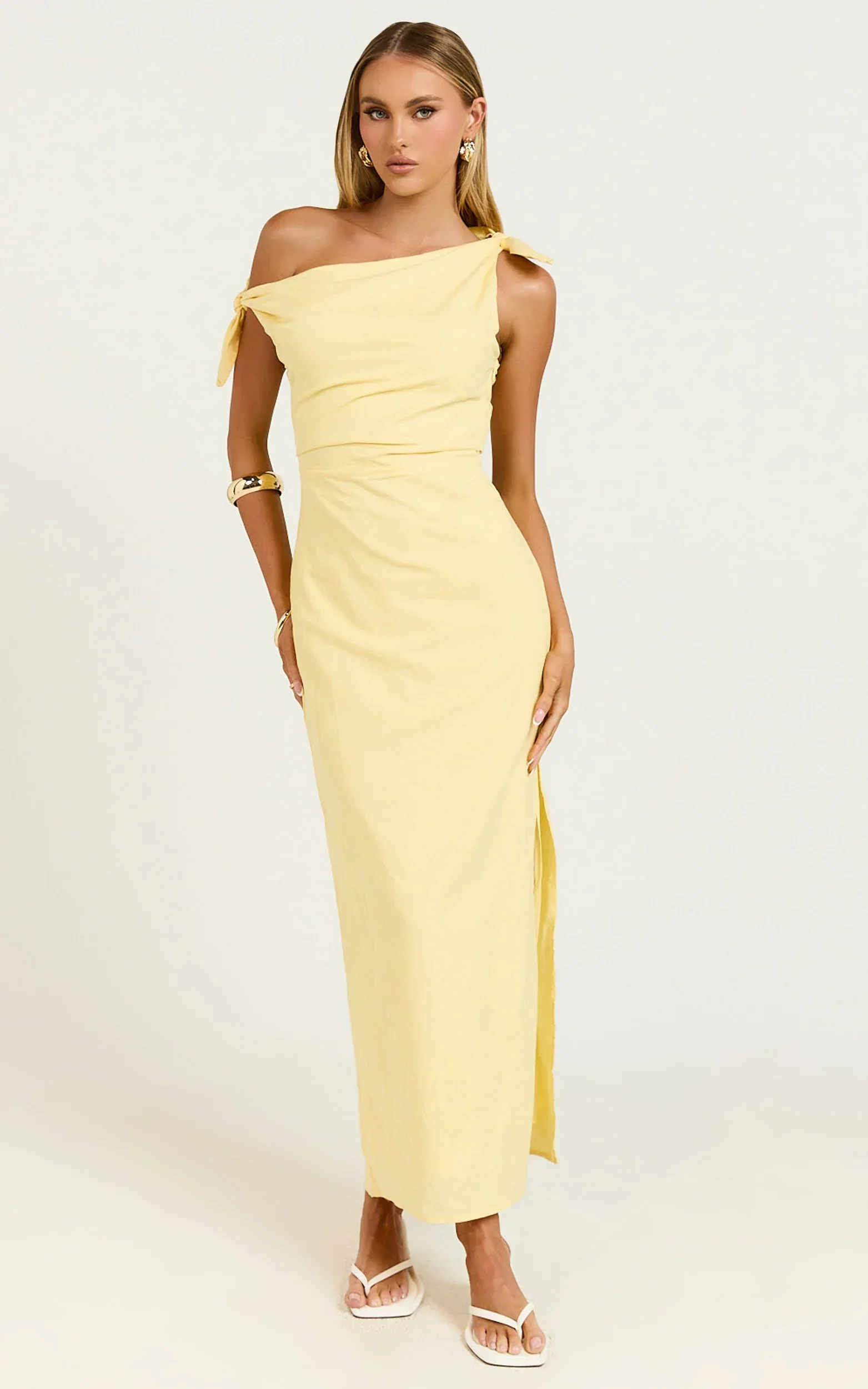 Cincinnati Midi Dress - Off The Shoulder Side Split Column Linen Dress in Lemon