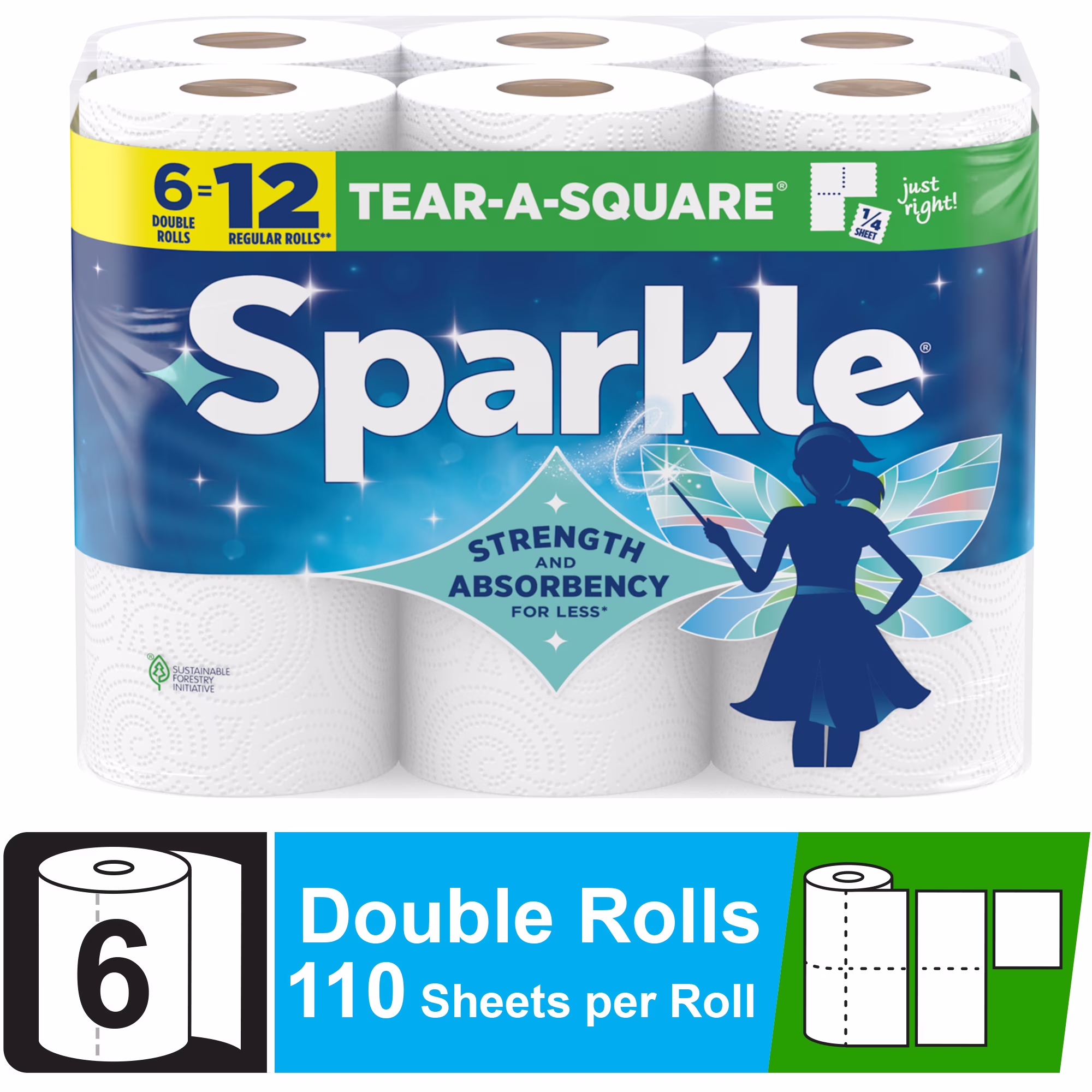 Sparkle Tear-A-Square Paper Towels, 2 Double Rolls, 110 Sheets per Roll