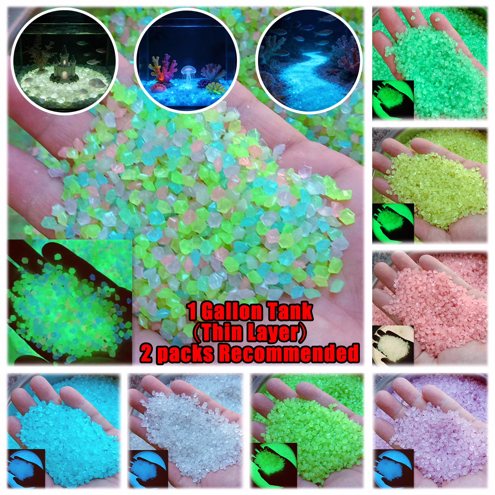 Fluorescent Aquarium Gravel - Glow in the Dark Sand, Non-toxic Ambient Lighting, Natural Aquascape Enhancement for Fish Tanks & Vases