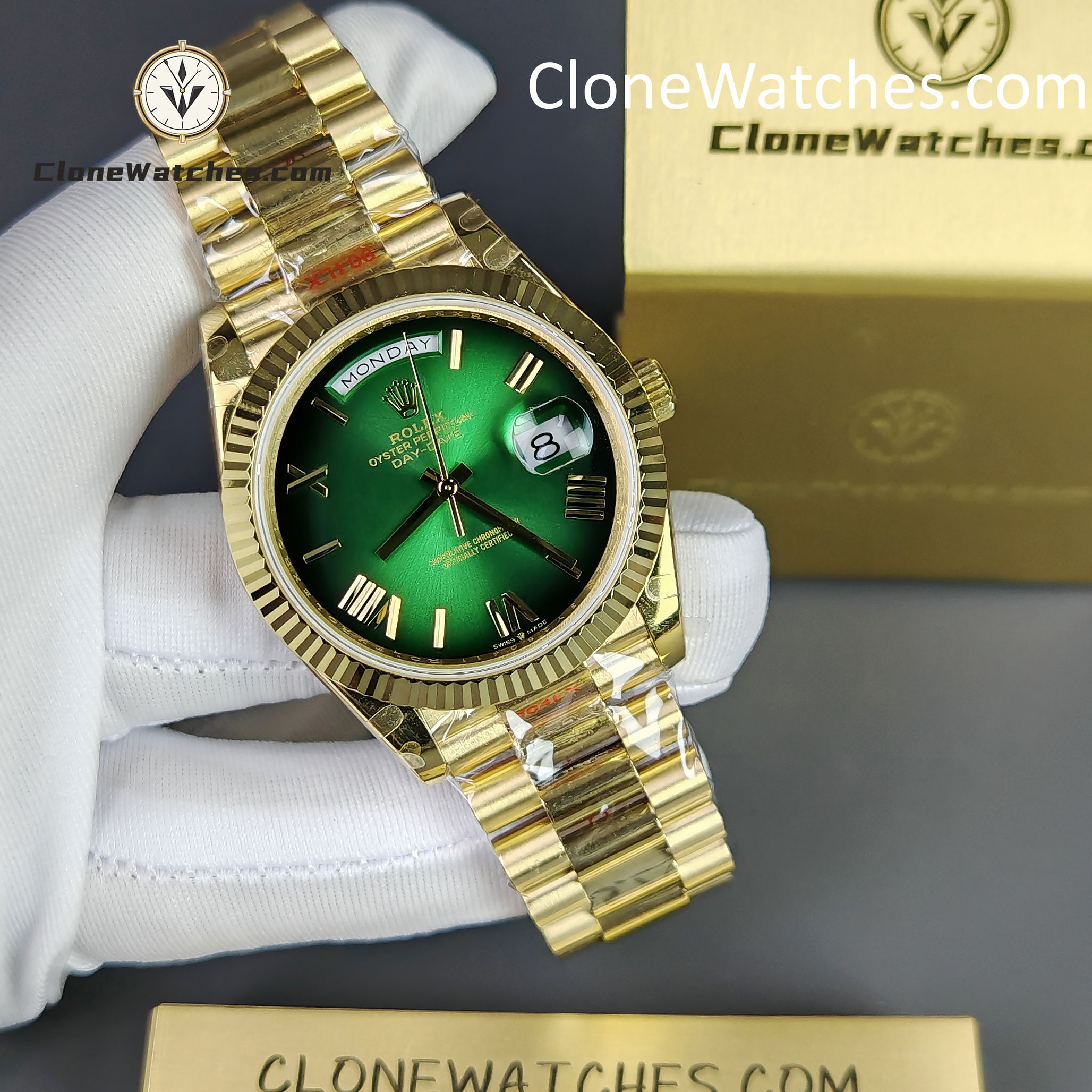Rolex Super Clone Watches 1:1 Day Date 18K Gold Green Dial 40mm m228238-0069 3255 Movement