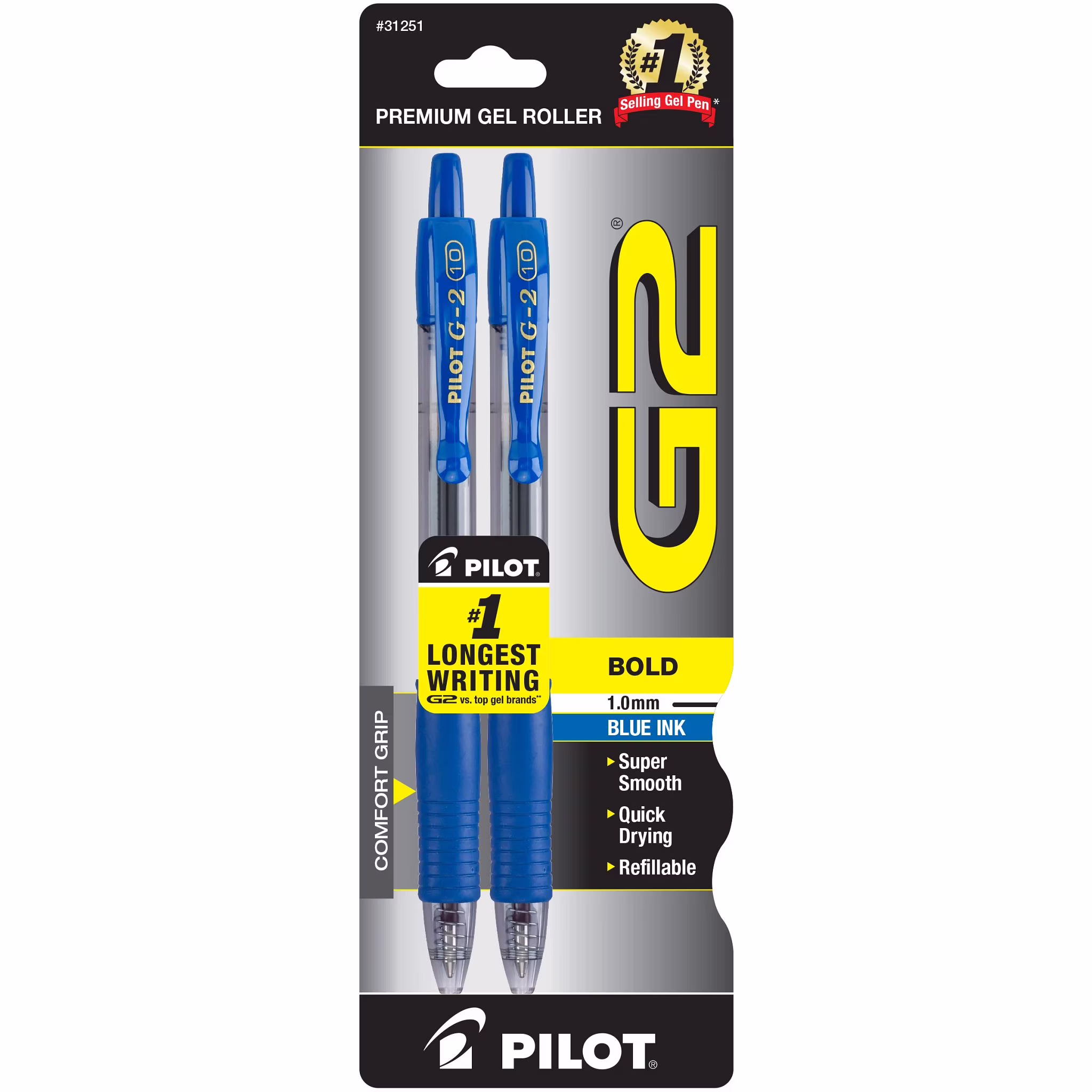 Pilot G2 Retractable Gel Ink Pens, Bold Point, Black, 2 Count