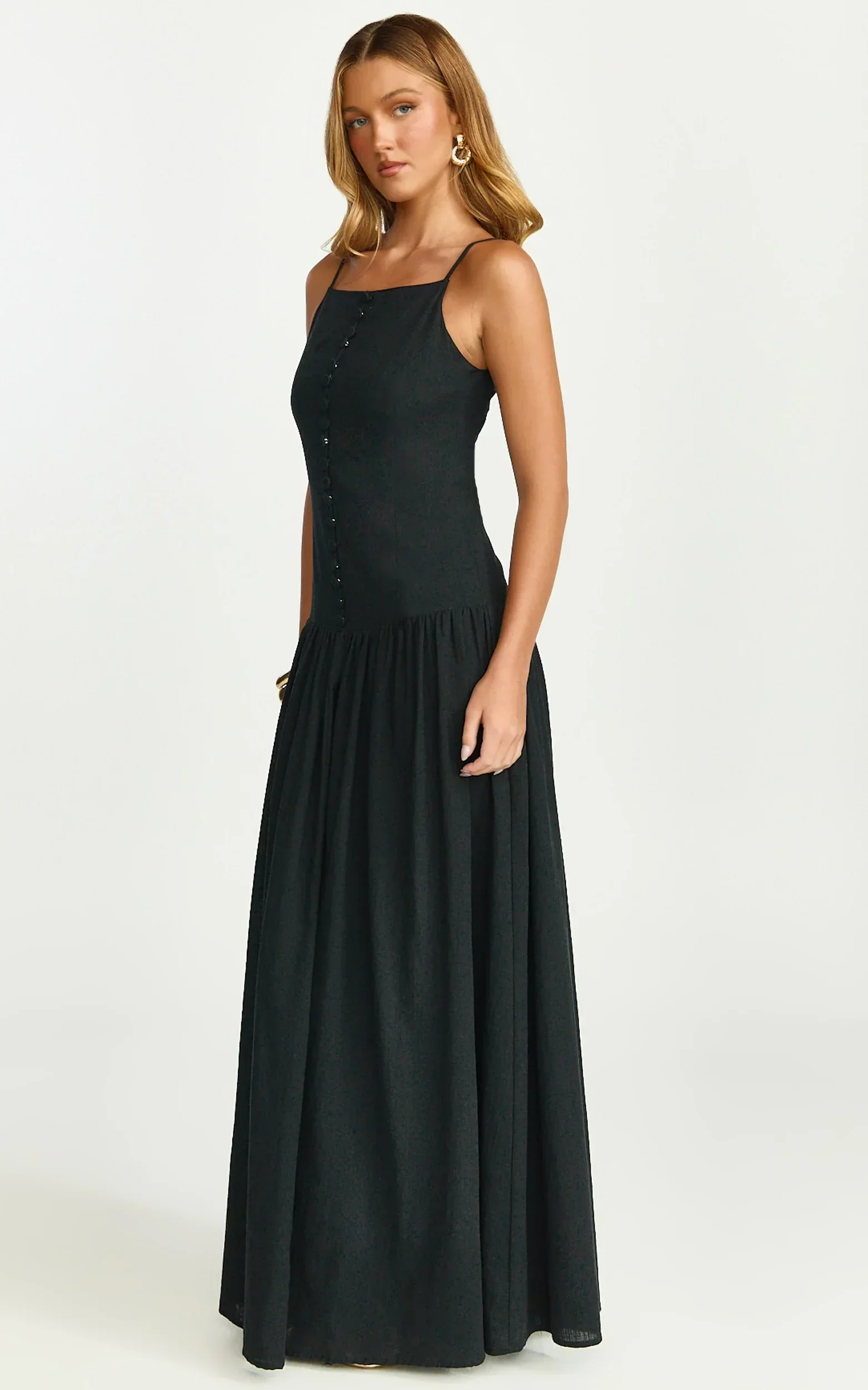 Cortez Maxi Dress - Square Neck Button Down Dropped Waist Dress in Black