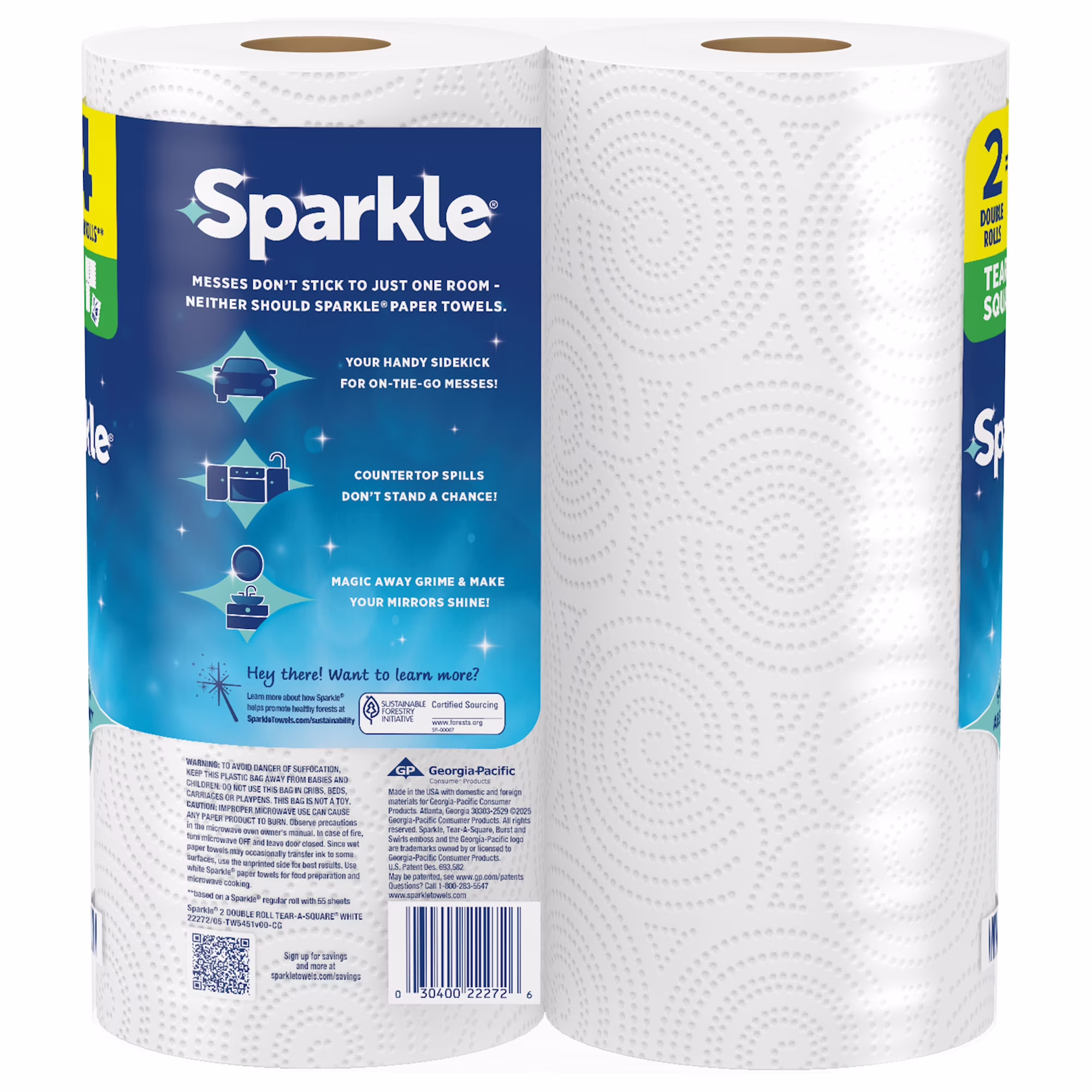 Sparkle Tear-A-Square Paper Towels, 2 Double Rolls, 110 Sheets per Roll