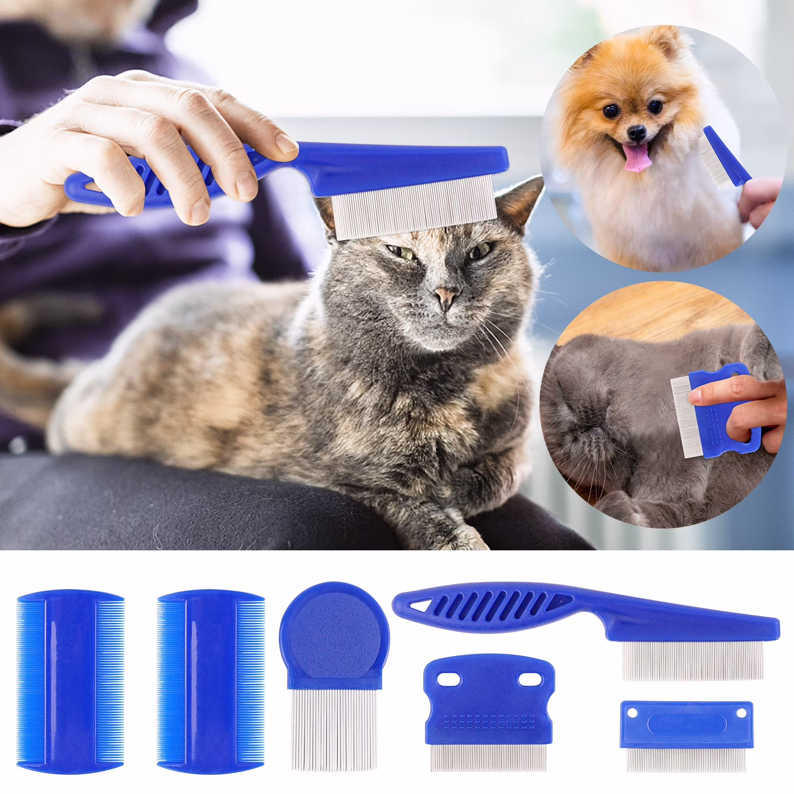 OAVQHLG3B Pet Flea Comb 6-piece Set Of Blue Comb Stainless Steel Needle Dense Tooth Cat And Dog Comb
