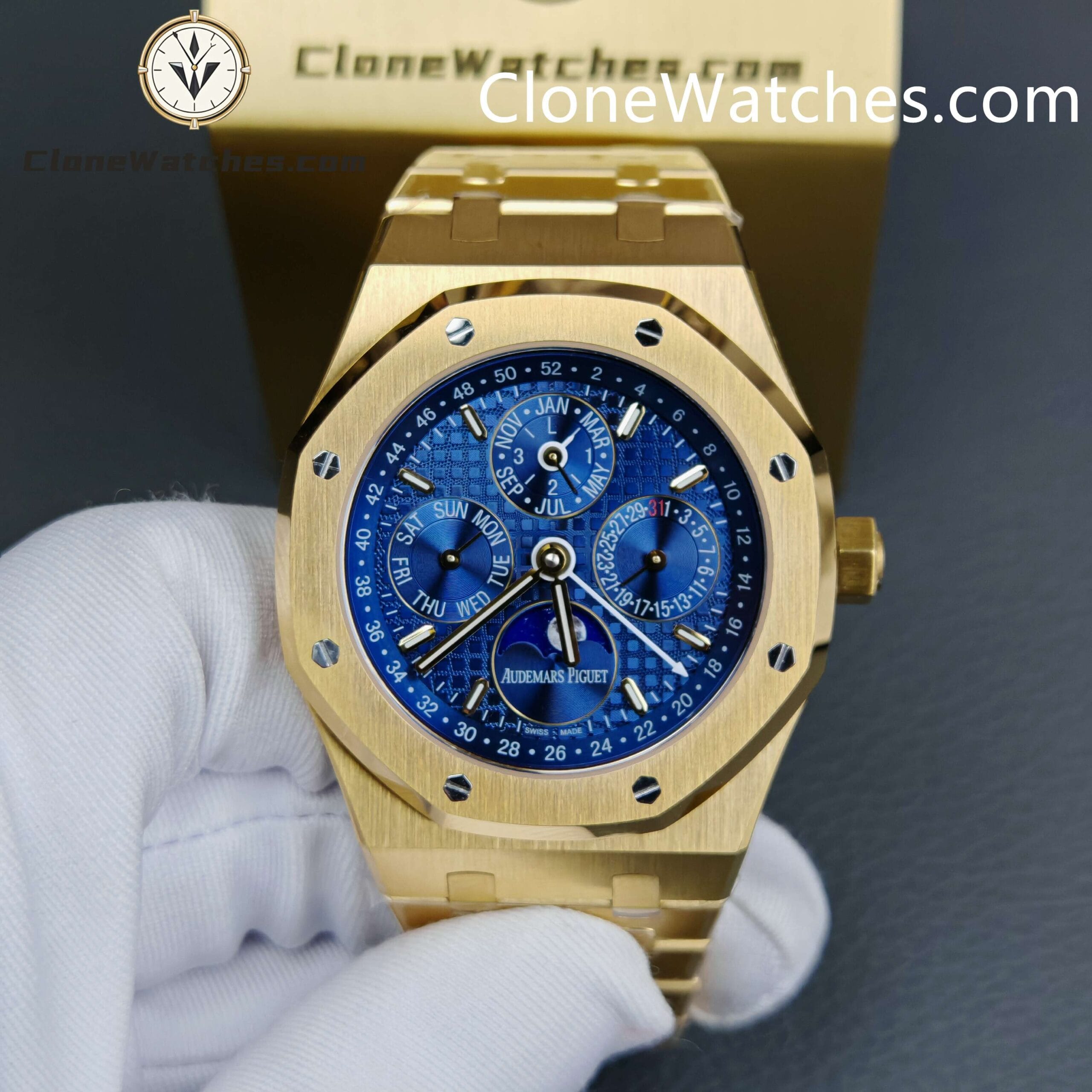Audemars Piguet Super Clone Watches 1:1 Royal Oak Perpetual Calendar 18K Gold Plated Blue Dial 26574BA 41MM