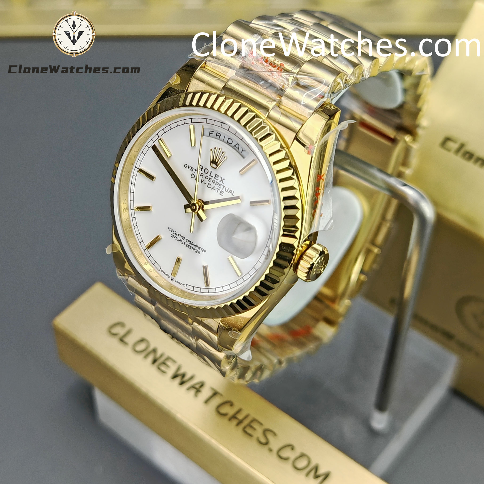 Rolex Super Clone Watches 1:1 Day Date 18K Gold White Dial 36mm m128238-0081 3255 Movement