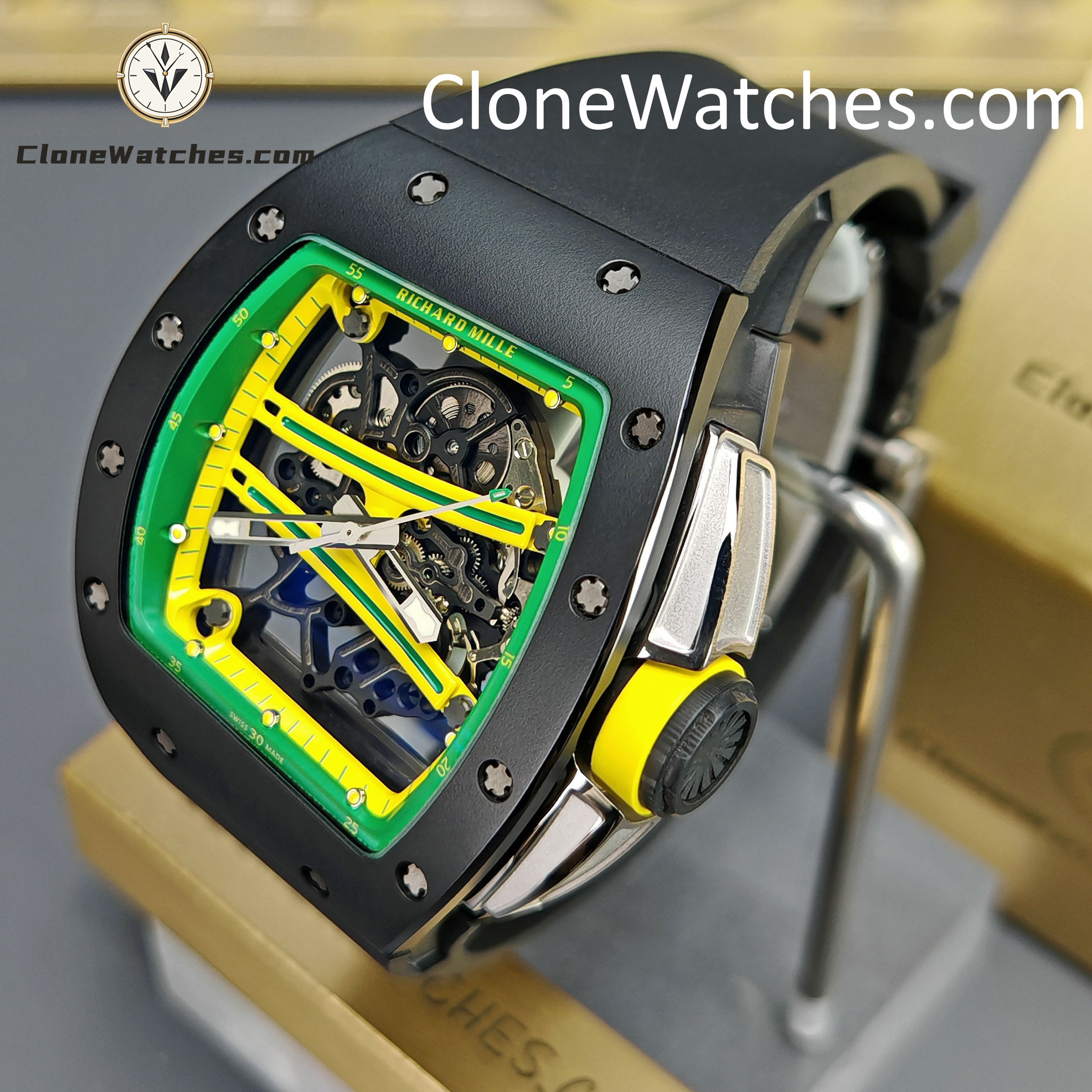 Richard Mille Super Clone Watches 1:1 RM 61-01 Black Tourbillon Black Strap