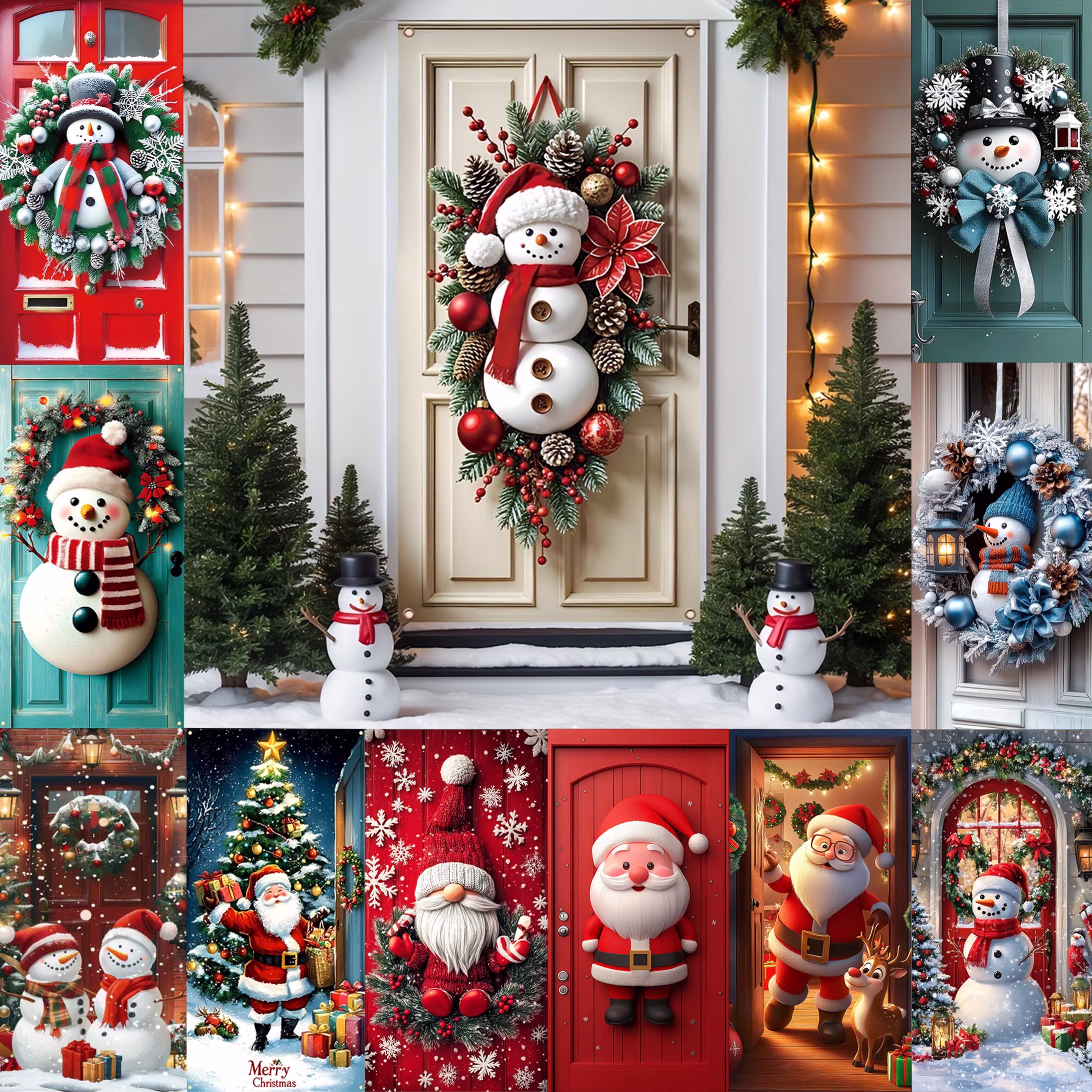Djunllk Christmas Decorations Door Cover for Front Door Decor, 3D Visual Effects Santa Claus Snowman Gnomes Pattern Banner Xmas Winter Seasonal Holiday Party Porch Wall Hanging Cover, 71 x 35 inches