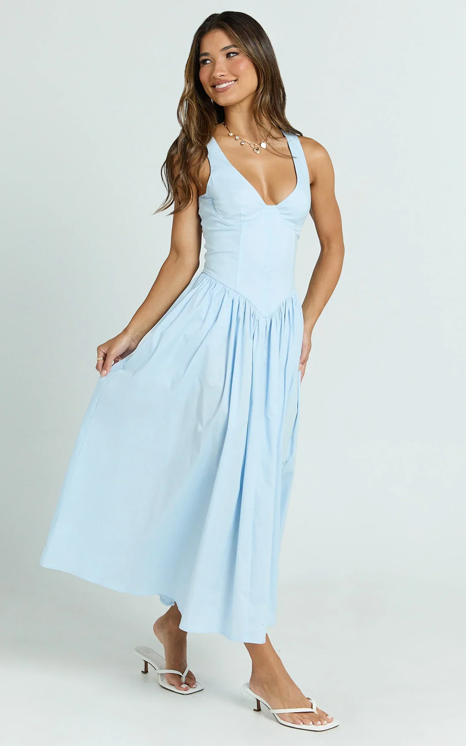 Beckett Midi Dress - Scoop Neck Drop V Waist Gathered Skirt Dress in Blue