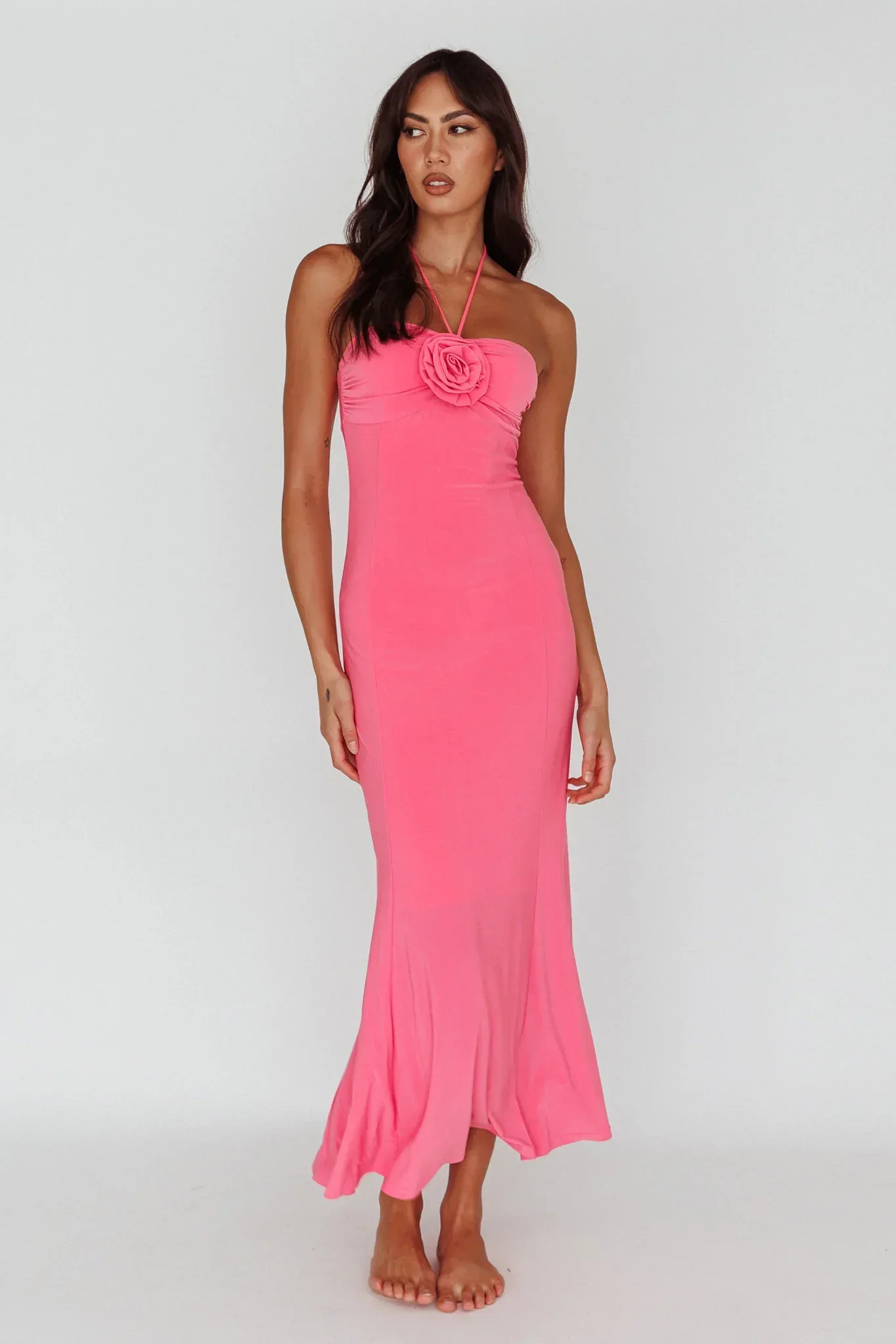 Ibiza Sunset Bust Flower Midi Dress Hot Pink