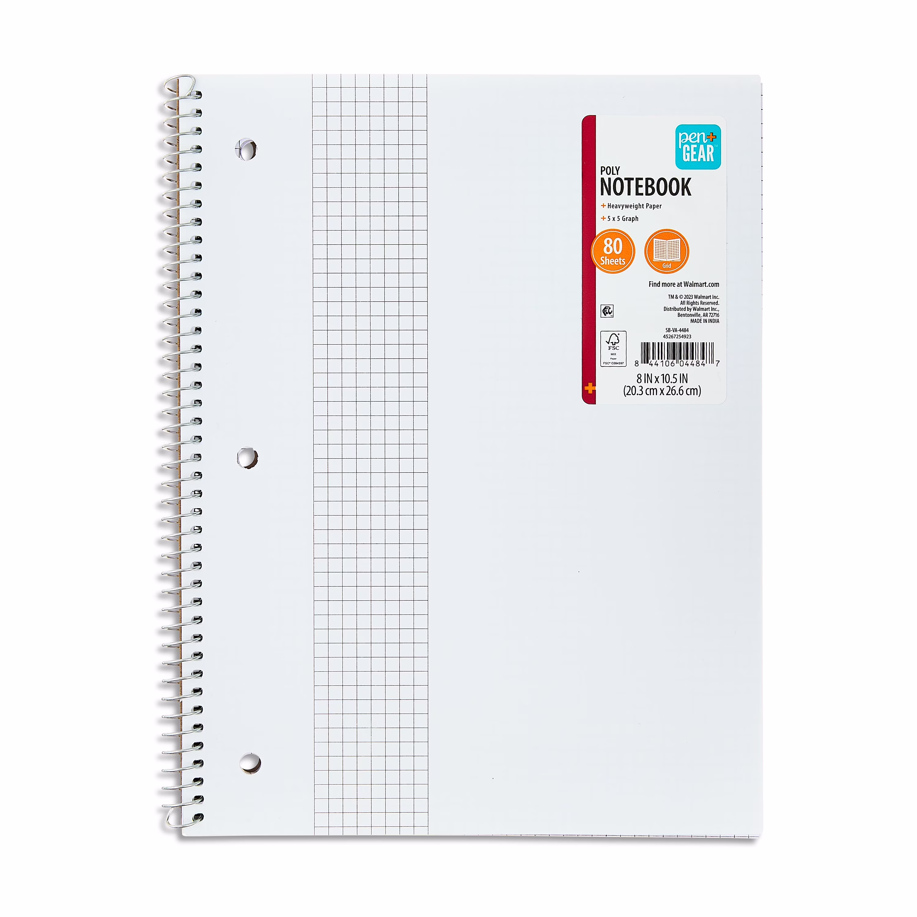 Pen+Gear 1-Subject Grid Ruled Notebook, Poly Cover, 80 Sheets, 8.5 in x 10.5 in