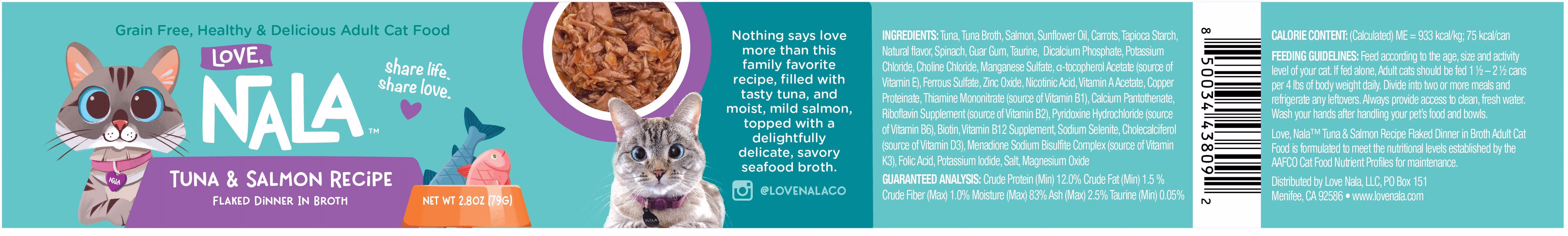(6 pack) Love, Nala Adult Cat Flaked Wet Cat Food Tuna & Salmon Recipe in Broth, 2.8 oz