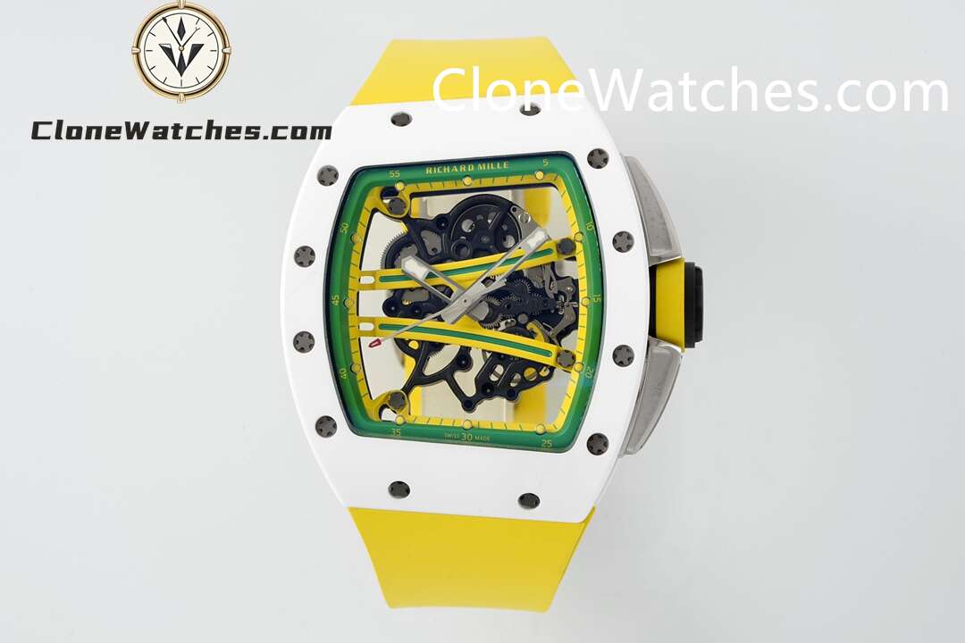 Richard Mille Super Clone Watches 1:1 RM 61-01 White Tourbillon Yellow Strap
