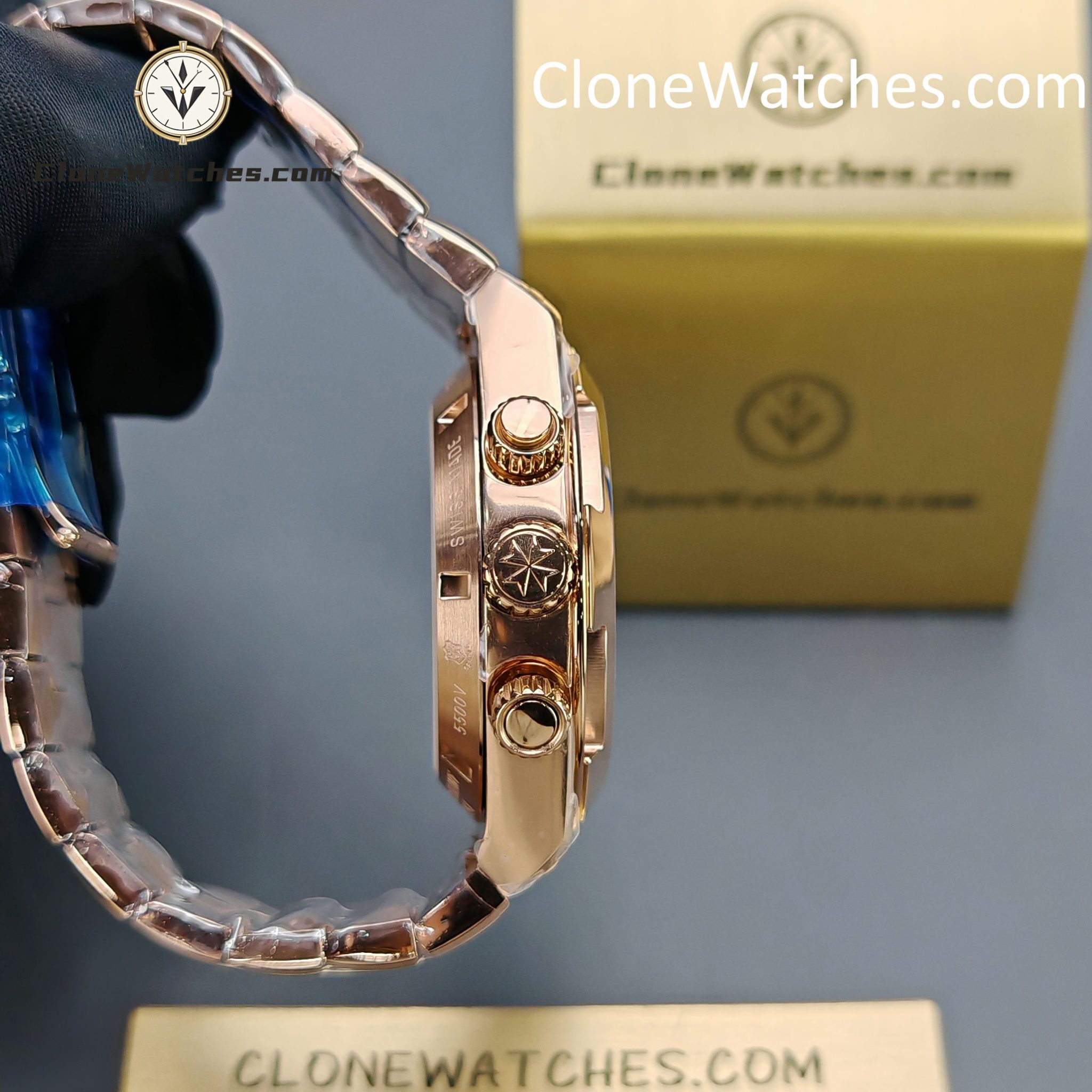 Vacheron Constantin Super Clone Watches 1:1 Overseas Chronograph Rose Gold 5500V/110R-B952 Blue Dial