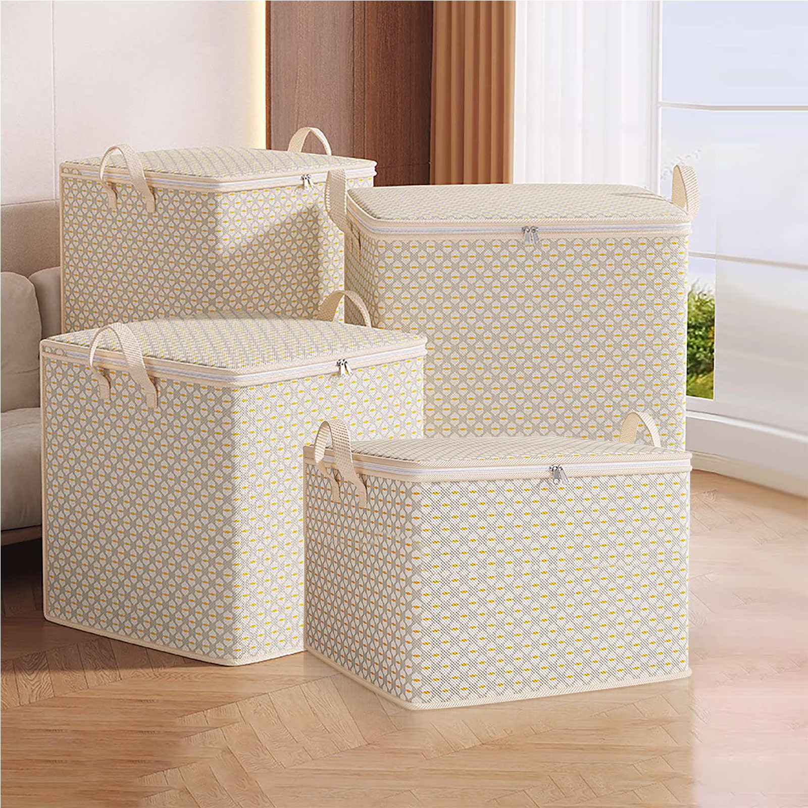 SHENGXINY Non Woven Stuffed Storage Box with Zipper, Heavy Duty Clothes Special Storage Bag for Bedding, Quilt, Shoes, Makeup, Blanket Beige 13.8x9.8x7.9in