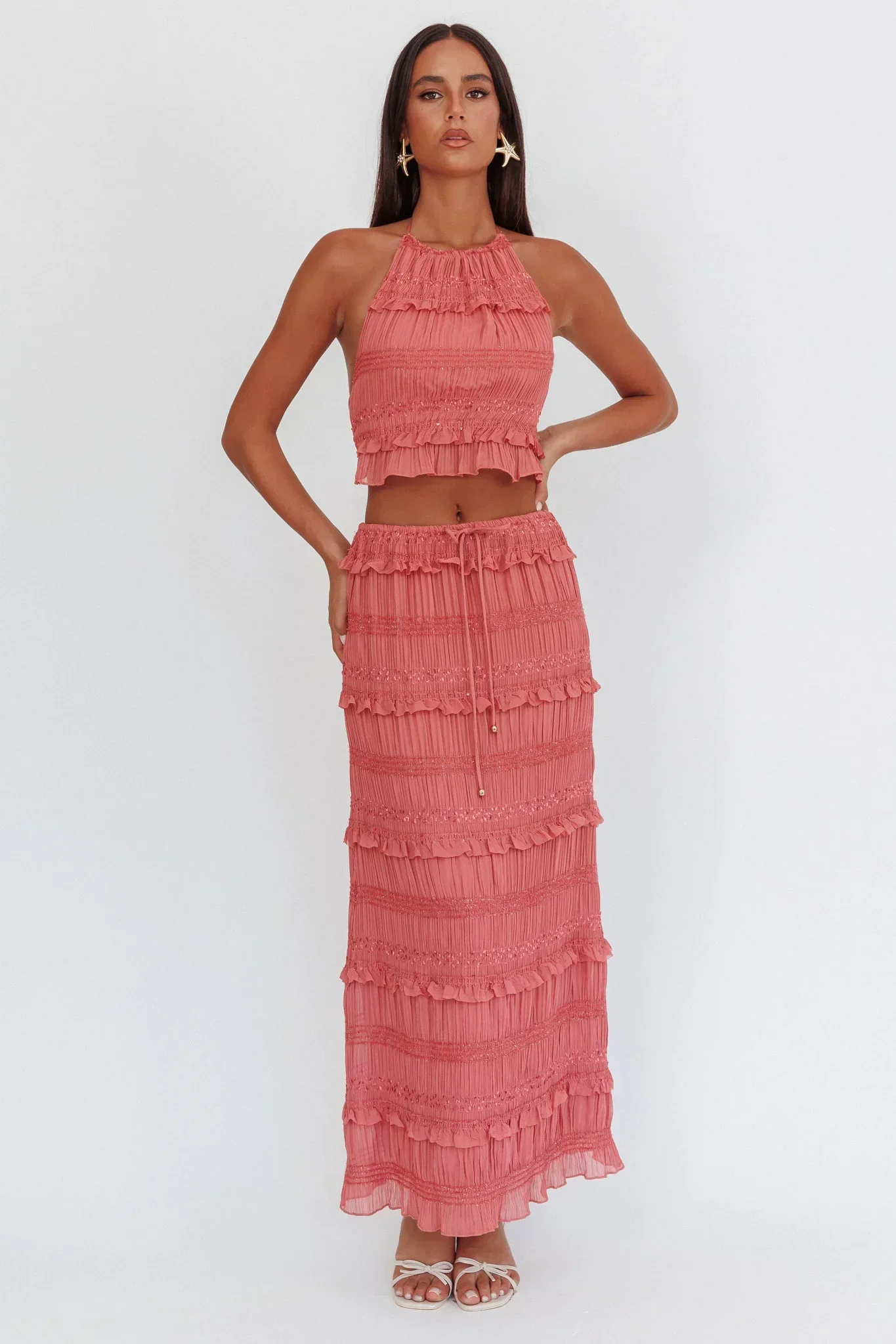 Helios Shirred Sequin Maxi Skirt Rose