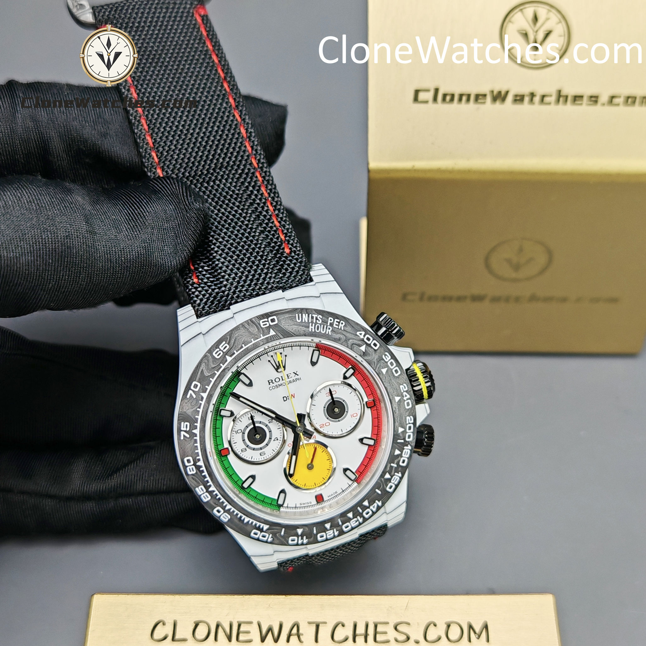 Modified Super Clone Watches 1:1 DiW Rolex Daytona CarboQuartz 4130 Movement Black Strap