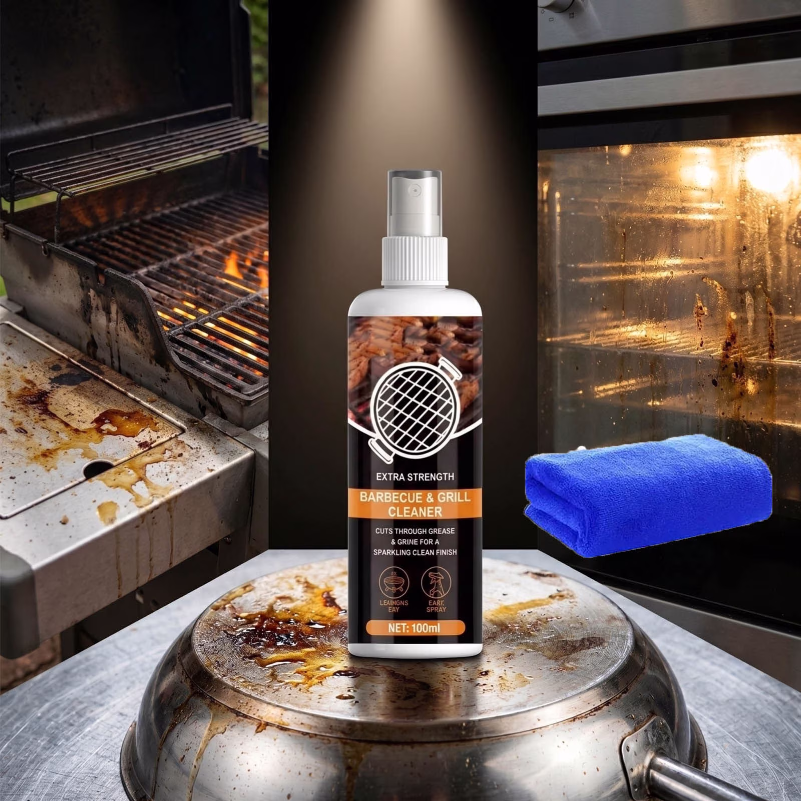 Barbecue Grill Cleaning Agent 100ml, Heavy Oil Stain Dissolver for Kitchen Utensils, Burnt Carbon Remover for Charcoal and Gas Grills, No Scrubbing Needed